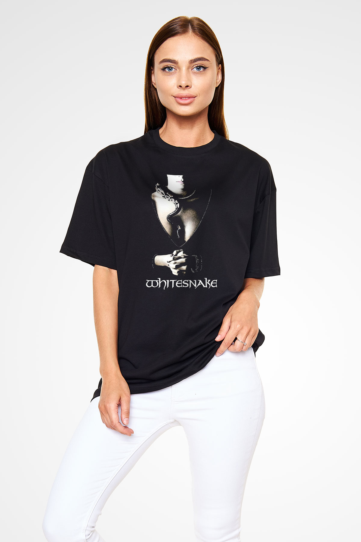 Whitesnake Baskılı Unisex Siyah Oversize Tişört - Tshirt