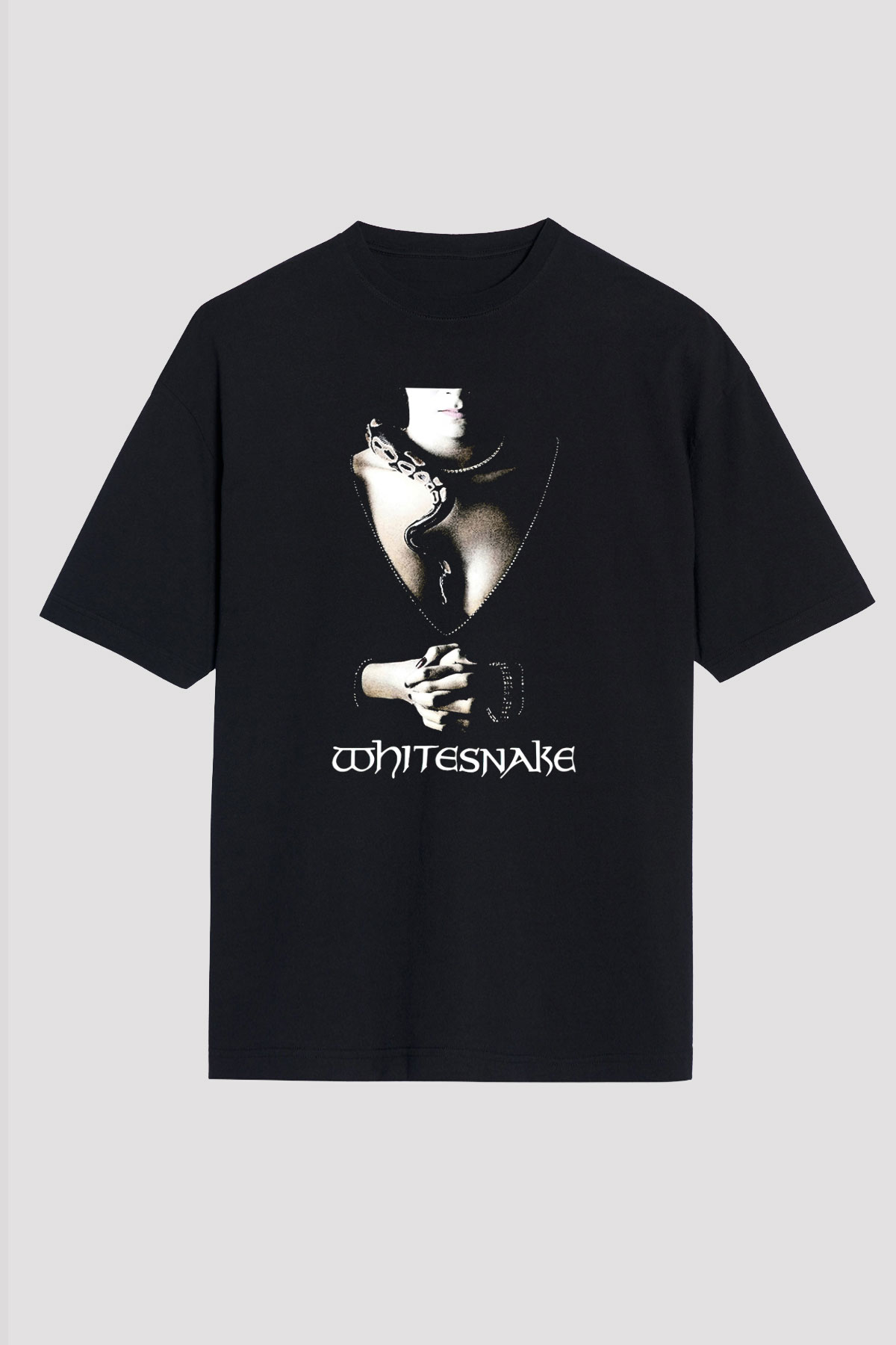 Whitesnake Baskılı Unisex Siyah Oversize Tişört - Tshirt