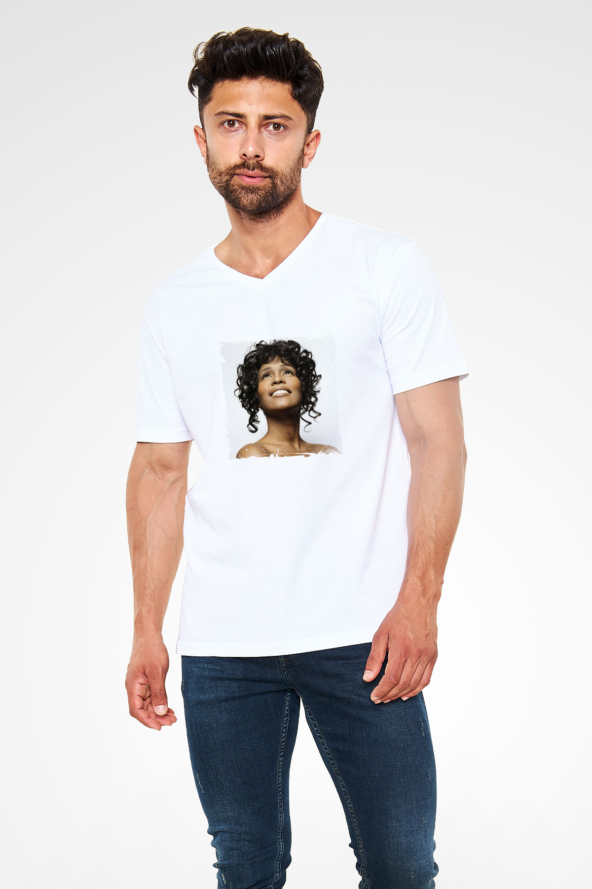 Whitney Houston Baskılı Beyaz V Yaka Unisex Tişört