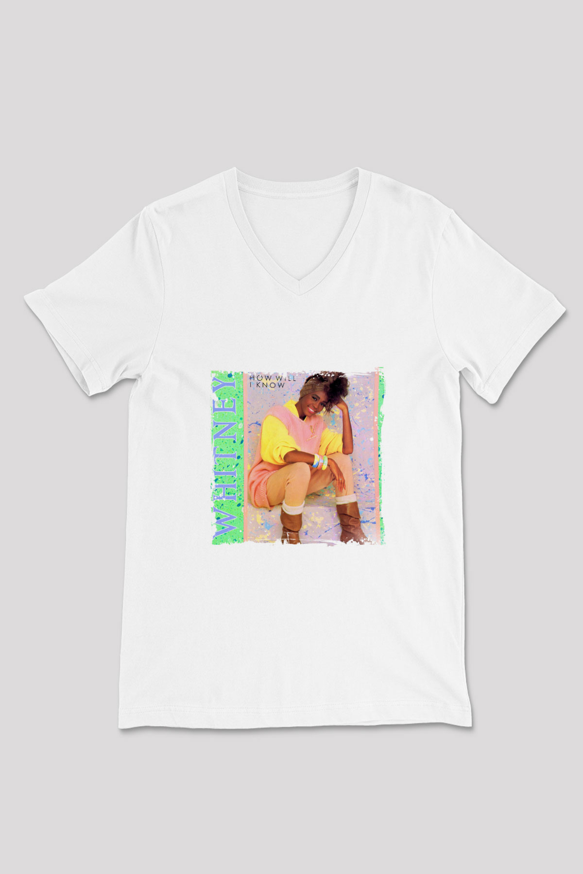 Whitney Houston Baskılı Beyaz V Yaka Unisex Tişört