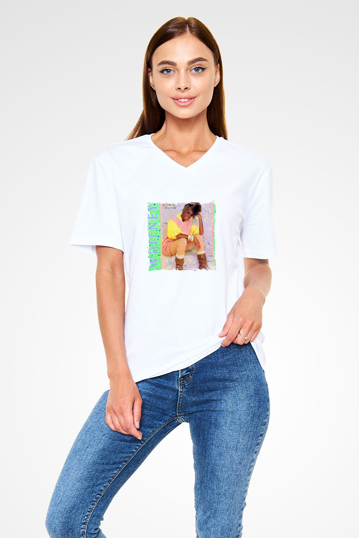 Whitney Houston Baskılı Beyaz V Yaka Unisex Tişört