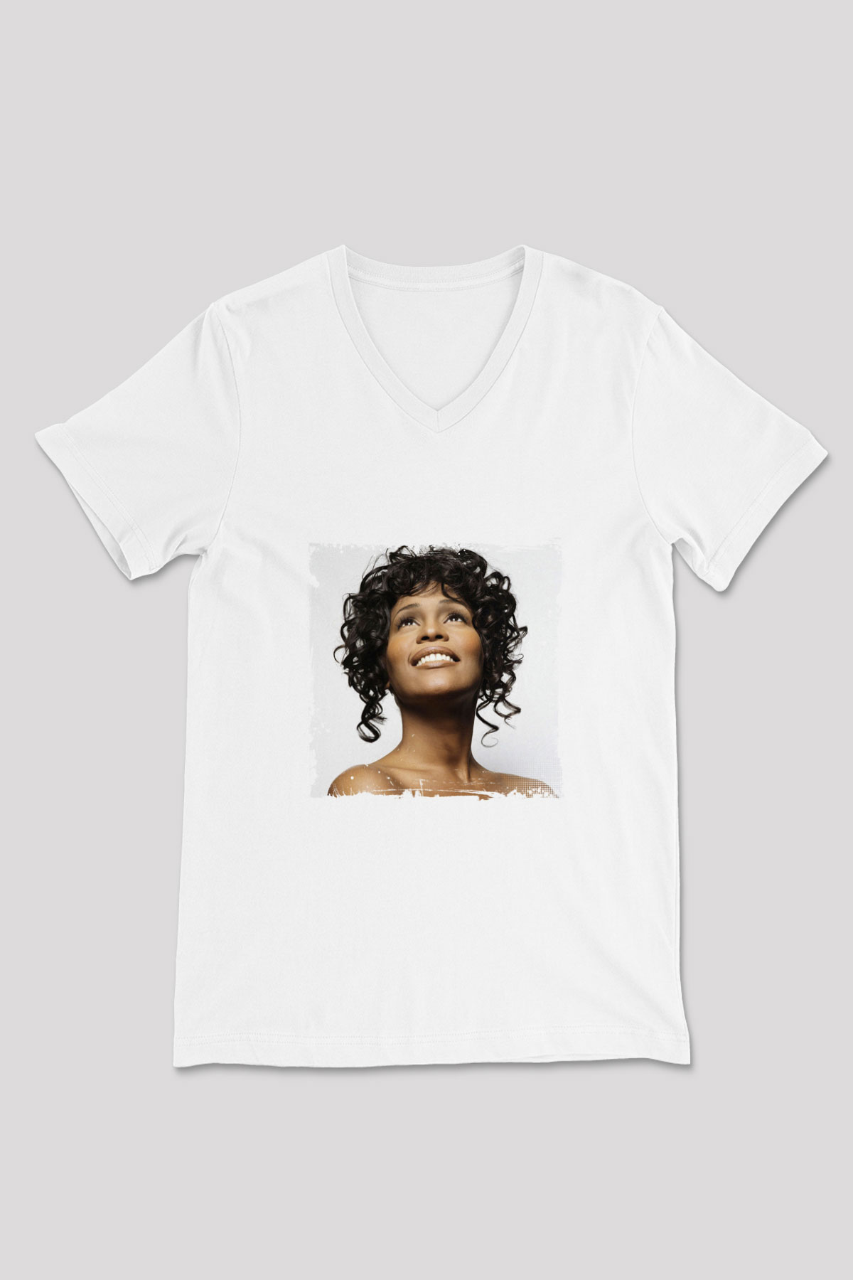 Whitney Houston Baskılı Beyaz V Yaka Unisex Tişört