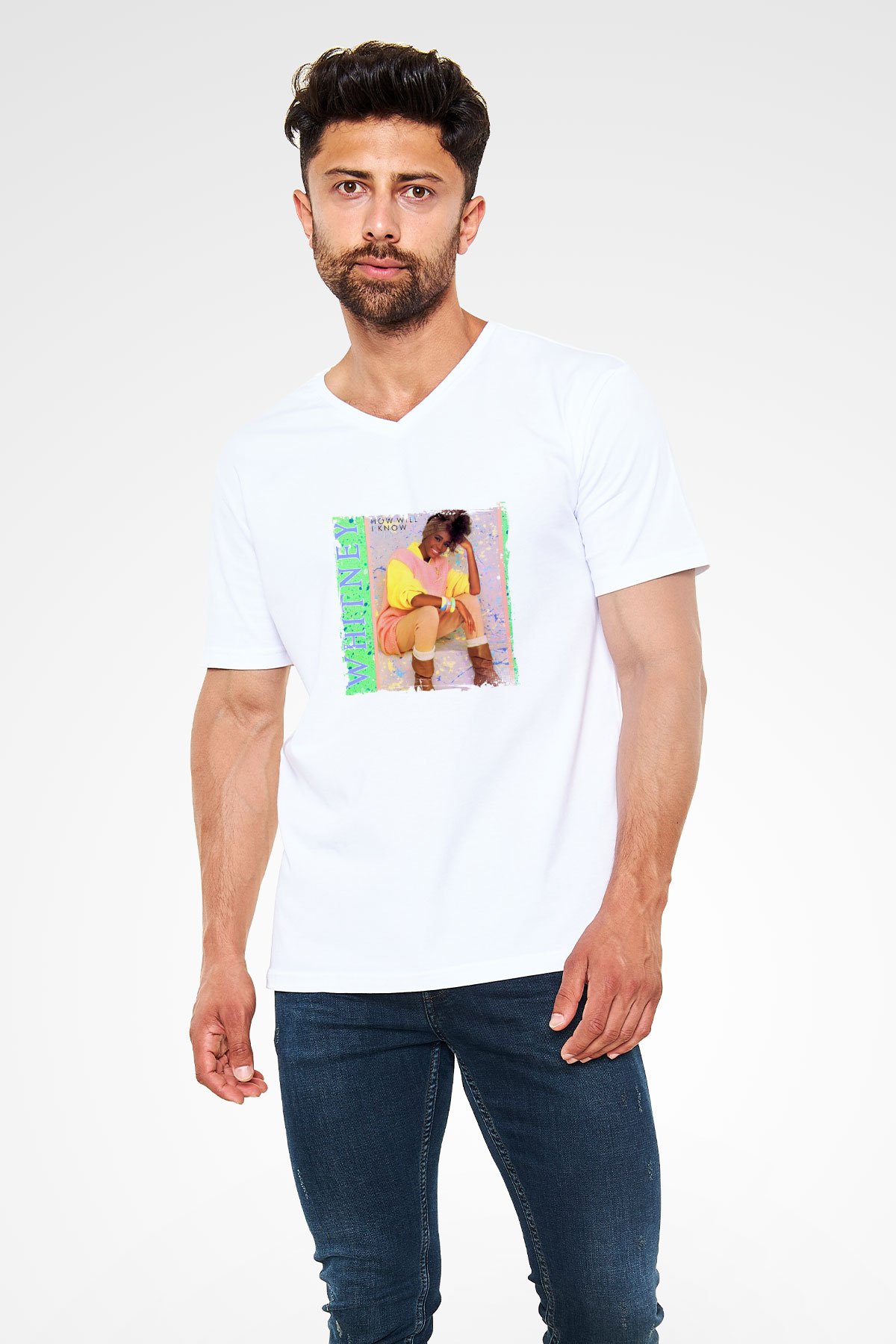 Whitney Houston Baskılı Beyaz V Yaka Unisex Tişört