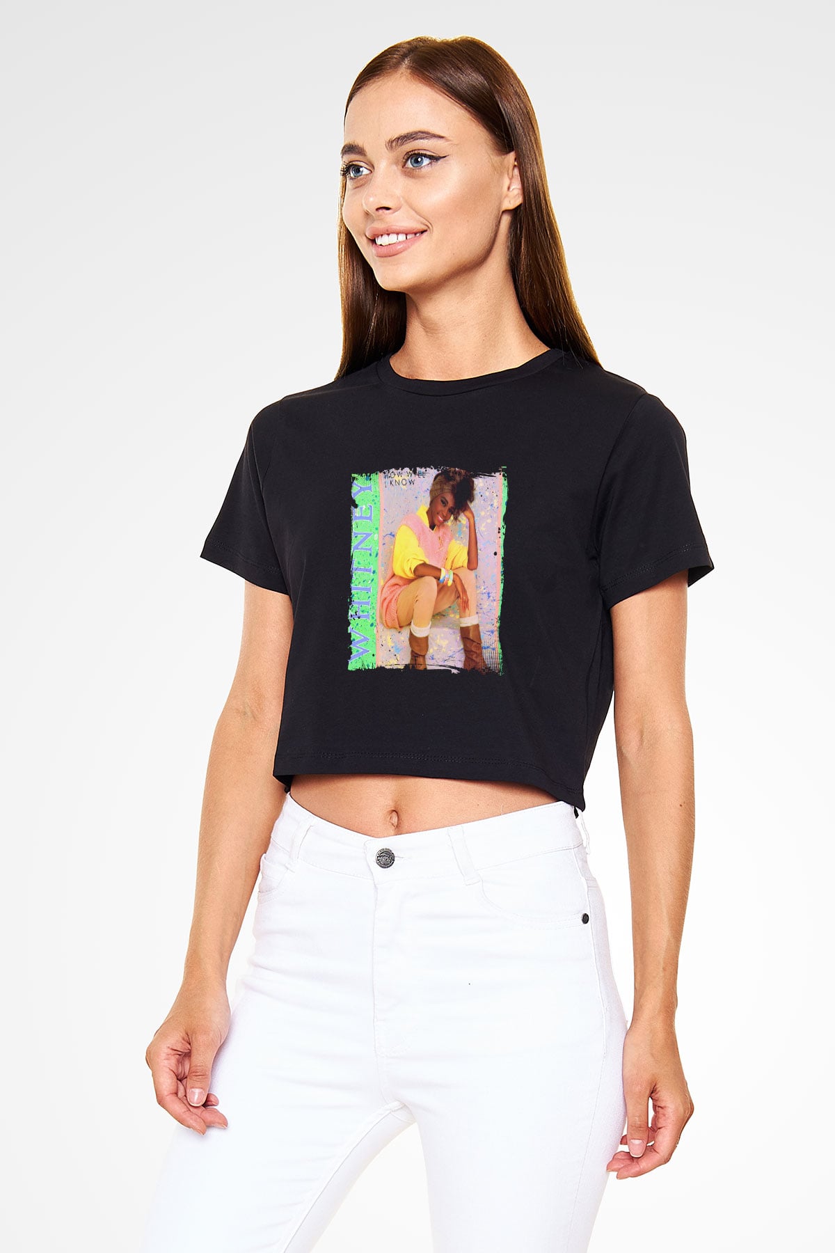 Whitney Houston Baskılı Crop Top Siyah Kadın Tişört