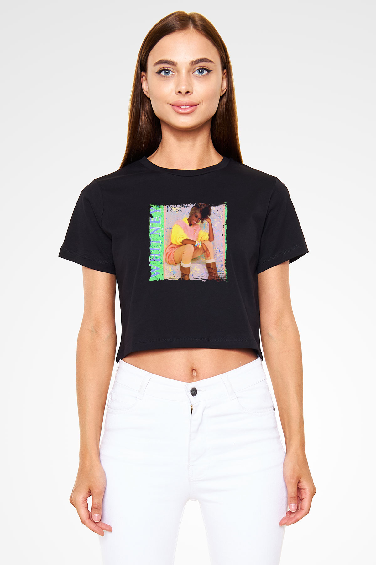 Whitney Houston Baskılı Crop Top Siyah Kadın Tişört