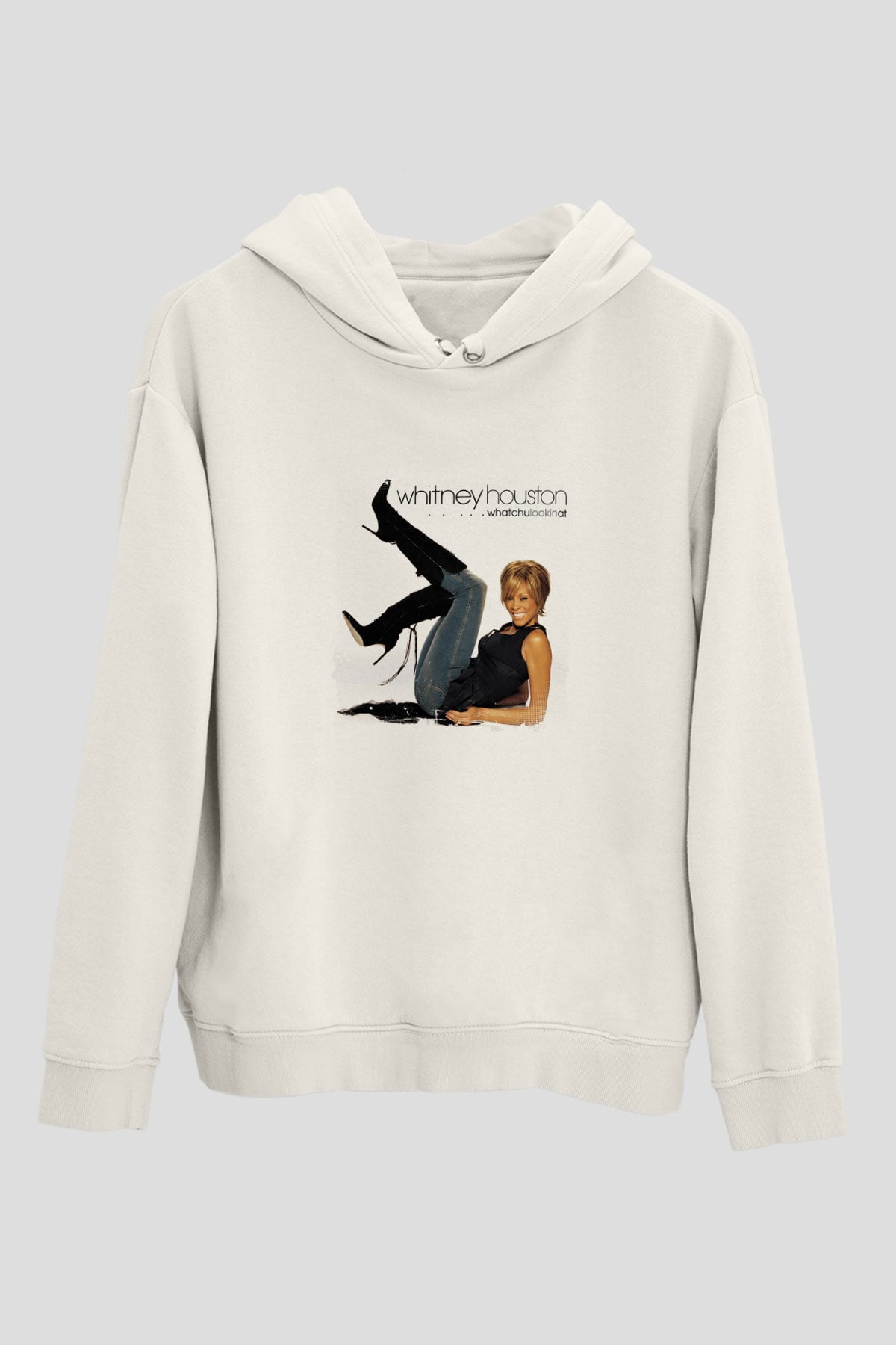 Whitney Houston Baskılı Unisex Beyaz Kapüşonlu Sweatshirt