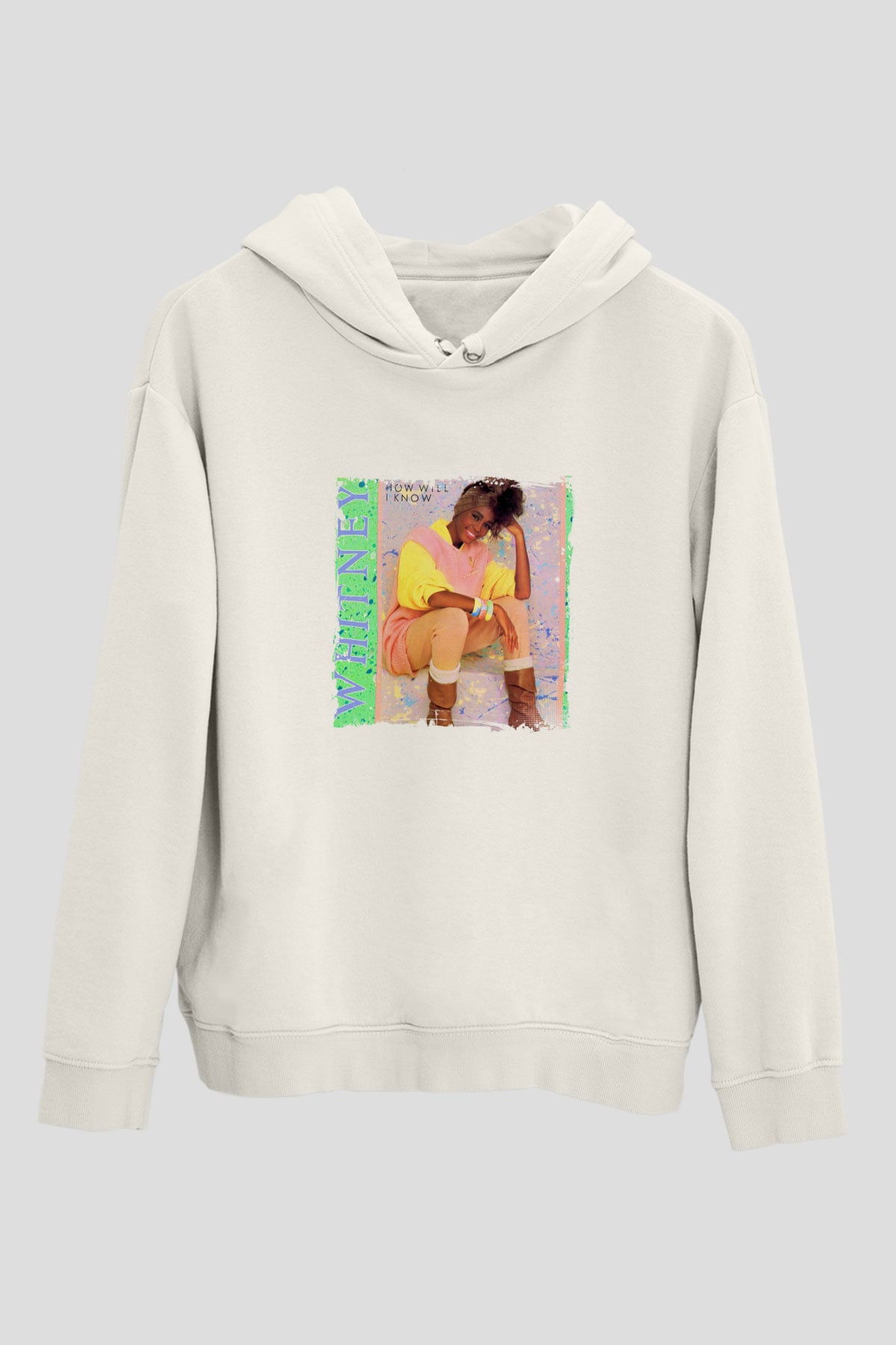 Whitney Houston Baskılı Unisex Beyaz Kapüşonlu Sweatshirt
