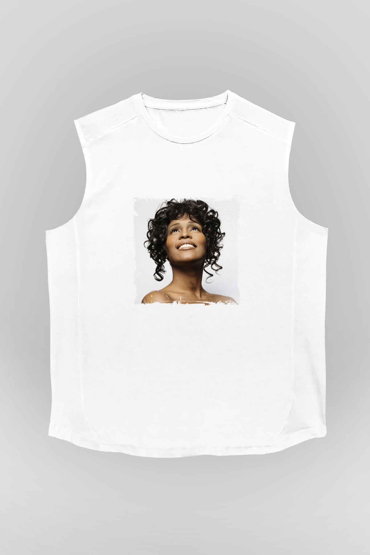 Whitney Houston Baskılı Unisex Beyaz Kolsuz Tişört