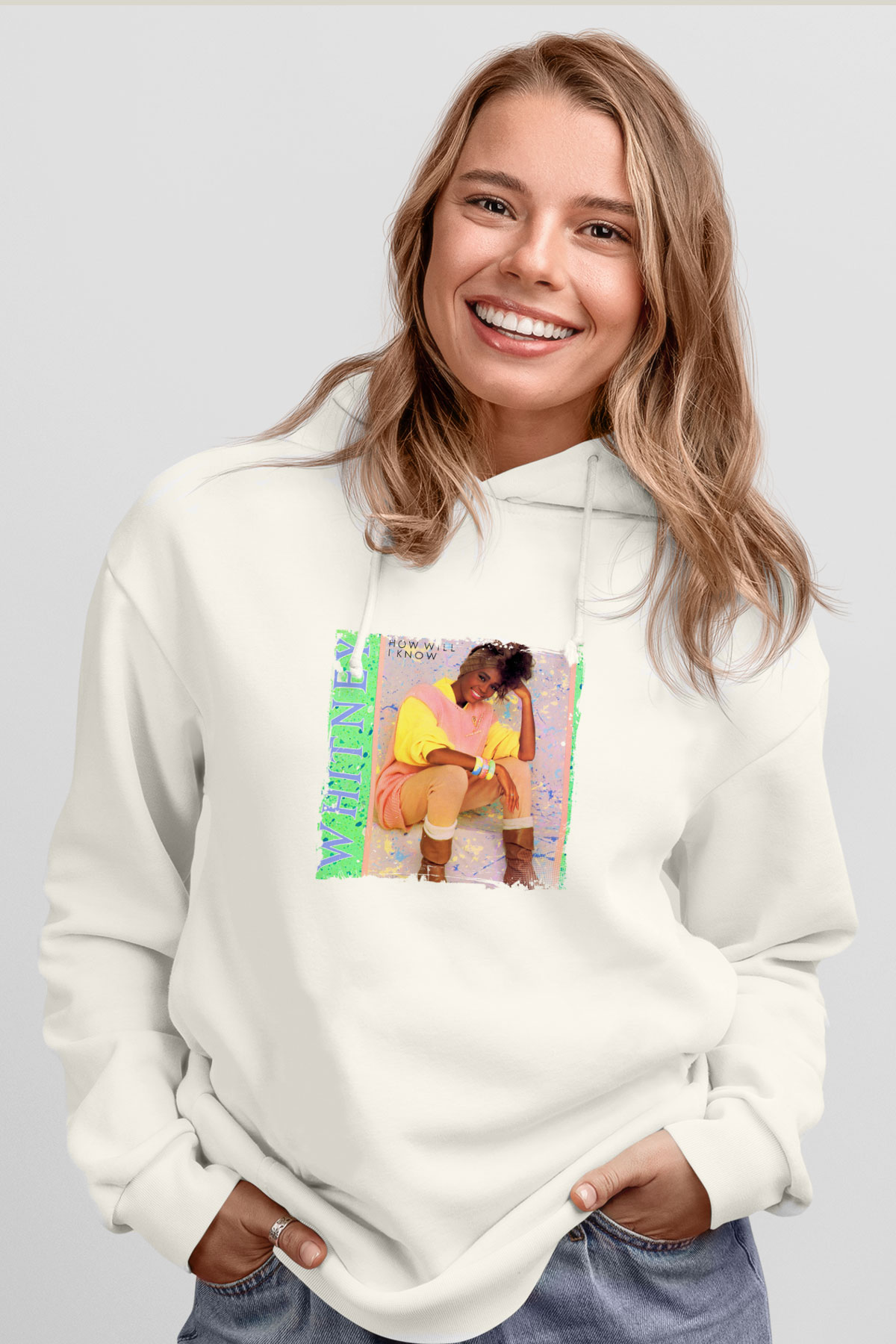 Whitney Houston Baskılı Unisex Beyaz Kapüşonlu Sweatshirt