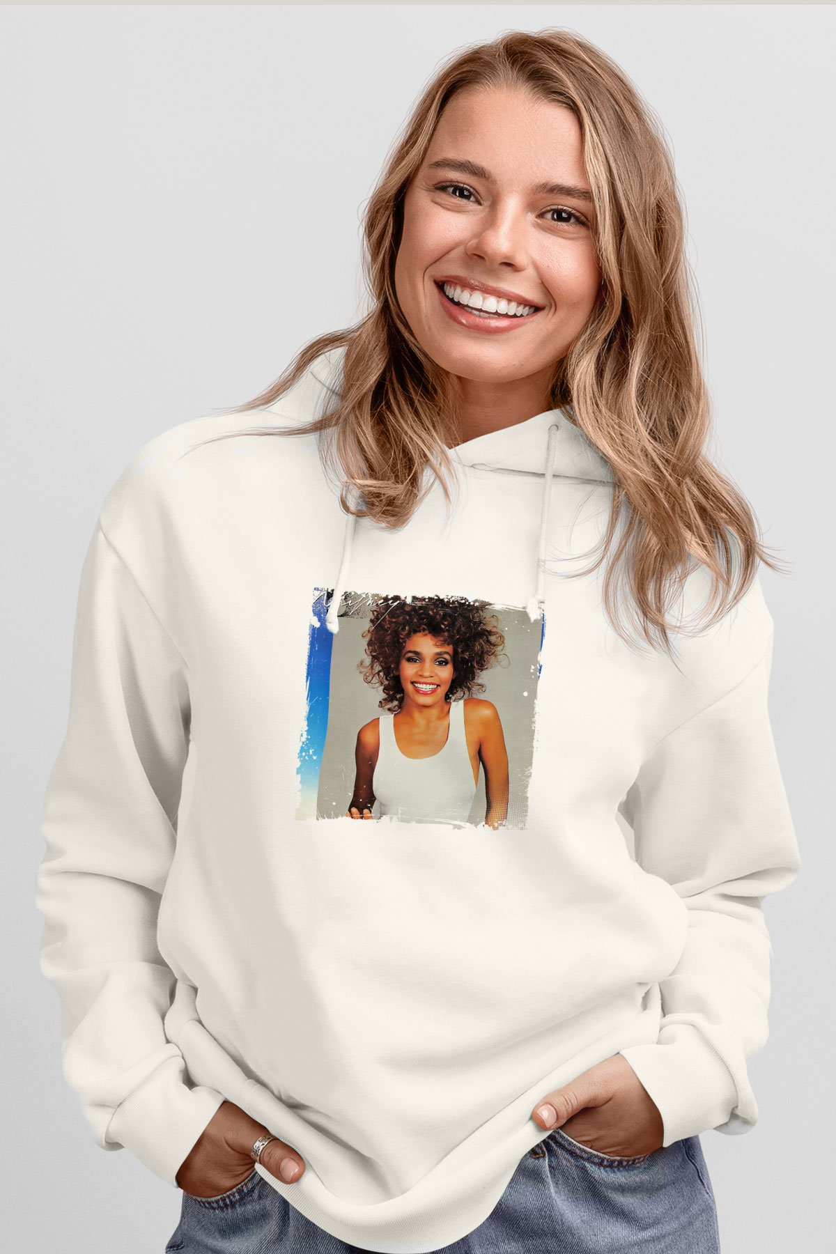 Whitney Houston Baskılı Unisex Beyaz Kapüşonlu Sweatshirt