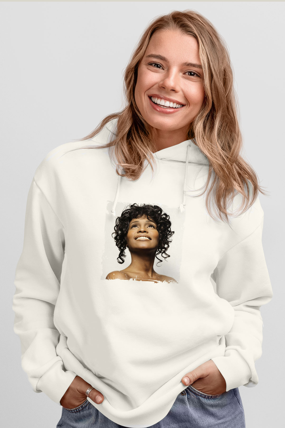 Whitney Houston Baskılı Unisex Beyaz Kapüşonlu Sweatshirt