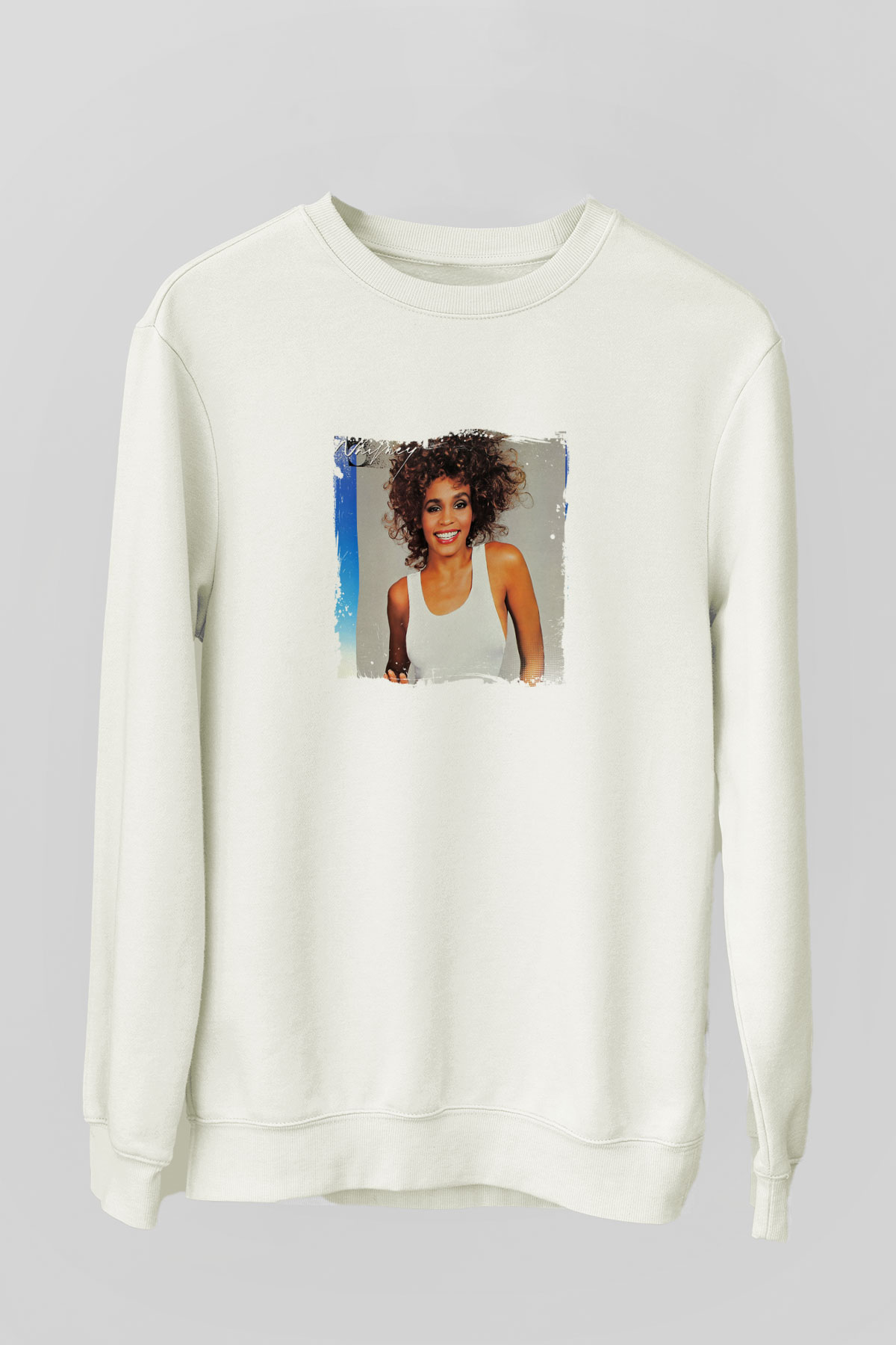 Whitney Houston Baskılı Unisex Beyaz Sweatshirt