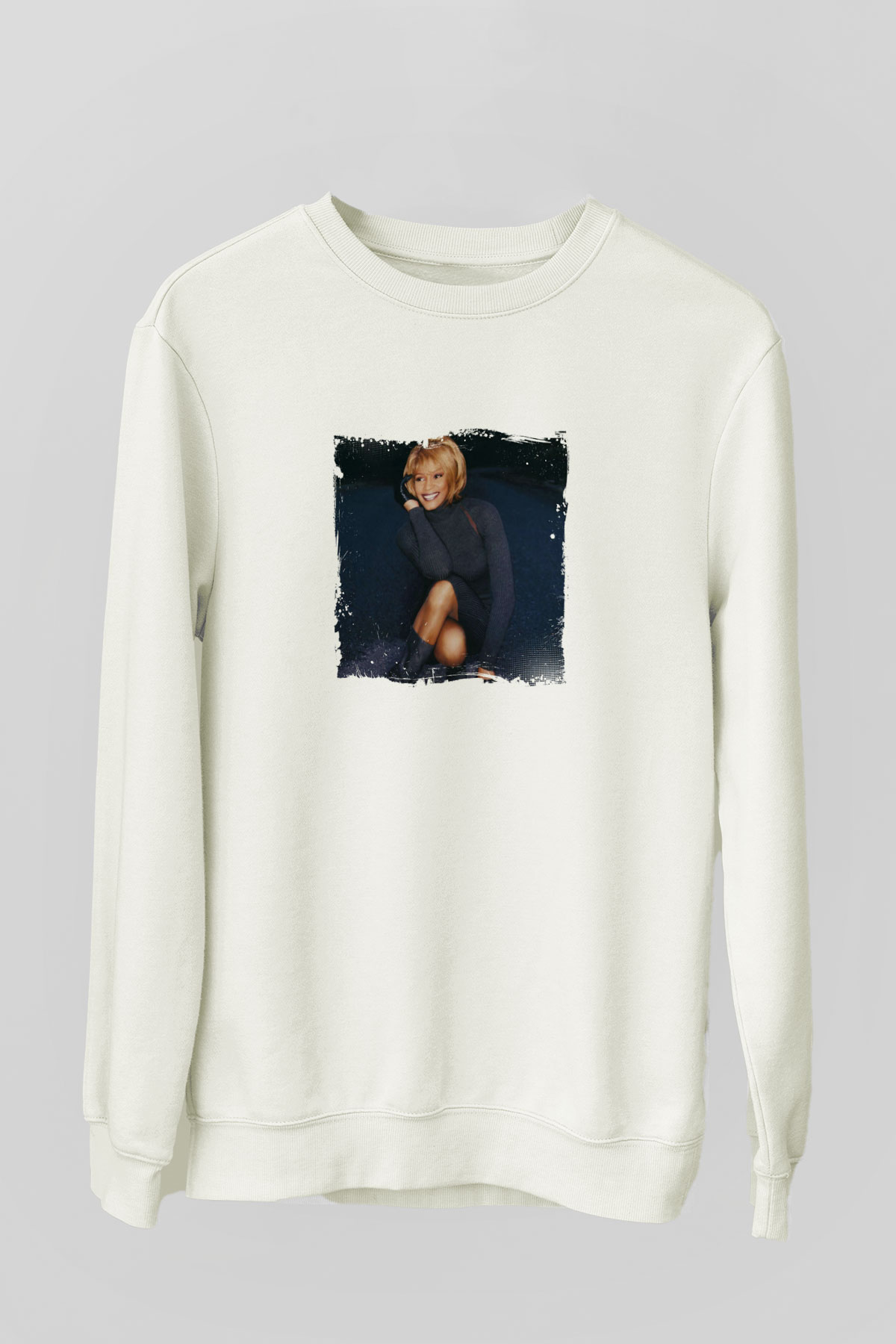 Whitney Houston Baskılı Unisex Beyaz Sweatshirt