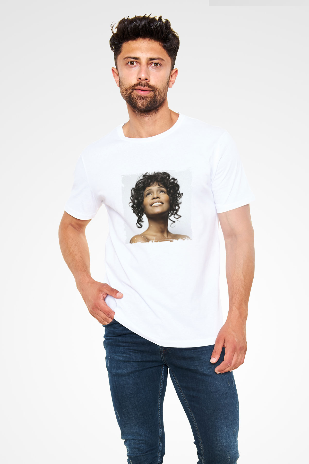 Whitney Houston Baskılı Unisex Beyaz Tişört