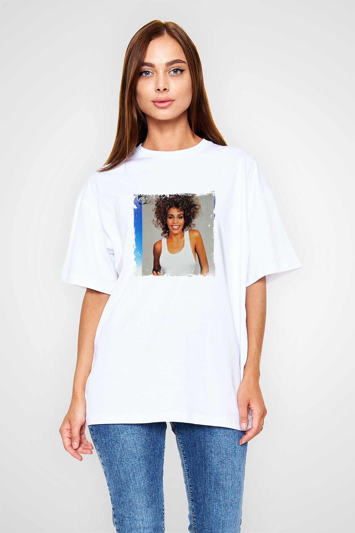 Whitney Houston Baskılı Unisex Beyaz Tişört