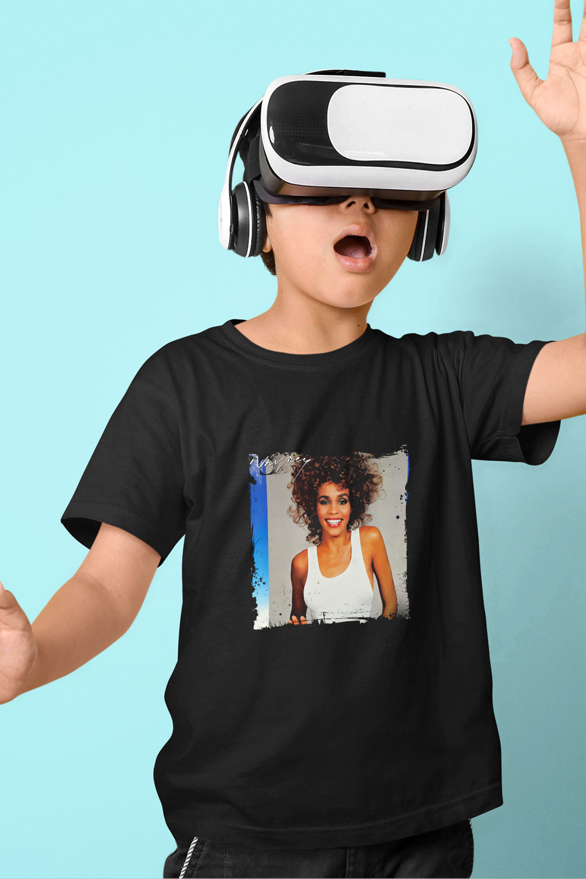 Whitney Houston Baskılı Unisex Siyah Çocuk Tişört