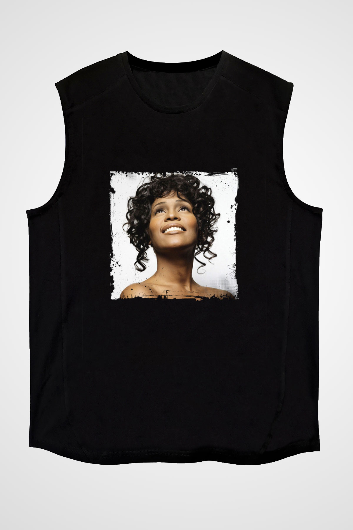 Whitney Houston Baskılı Unisex Siyah Kolsuz Tişört