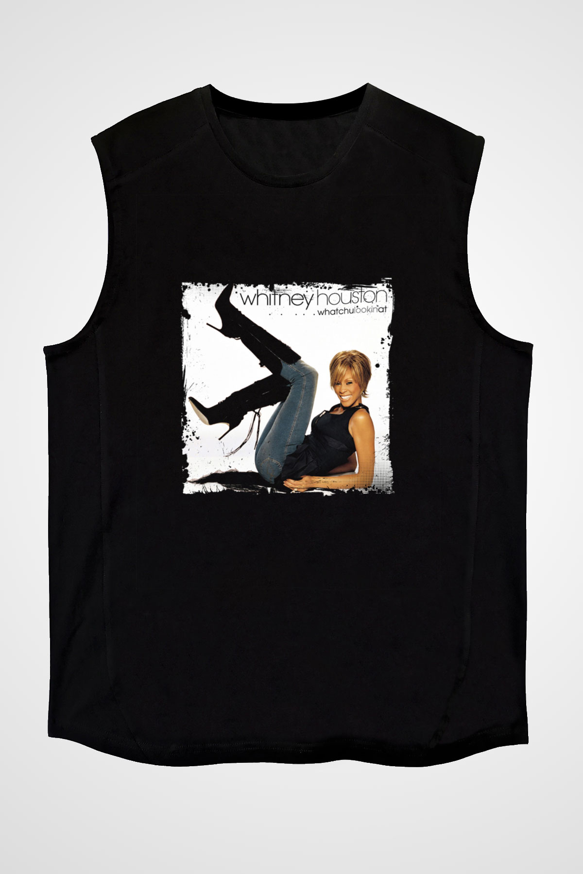 Whitney Houston Baskılı Unisex Siyah Kolsuz Tişört