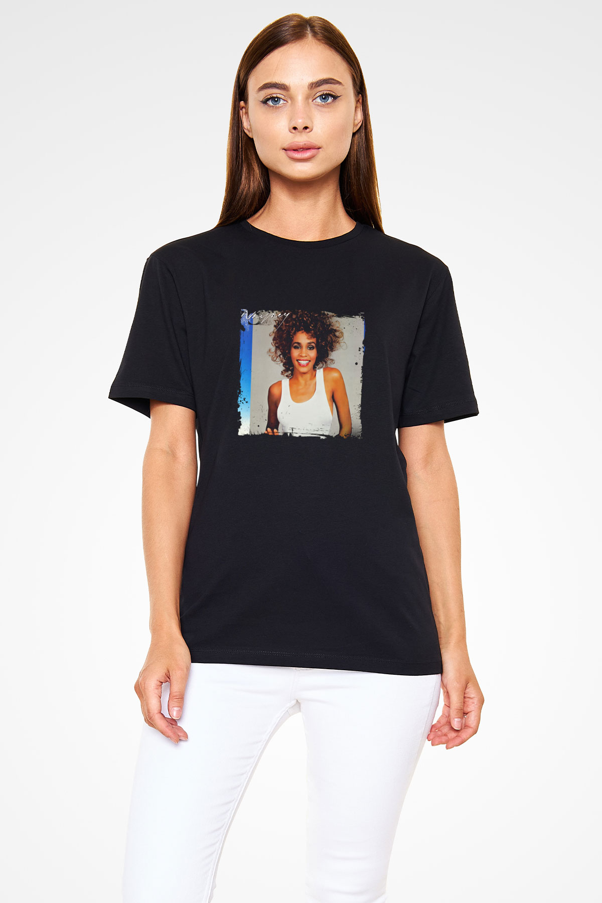 Whitney Houston Baskılı Unisex Siyah Tişört