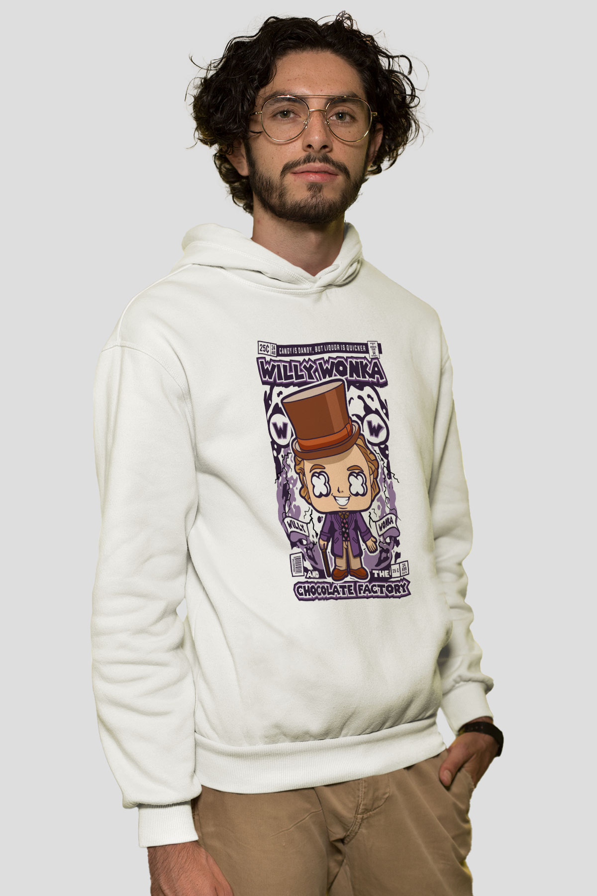 Willy Wonka Çikolata Fabrikası Baskılı Unisex Beyaz Hoodie