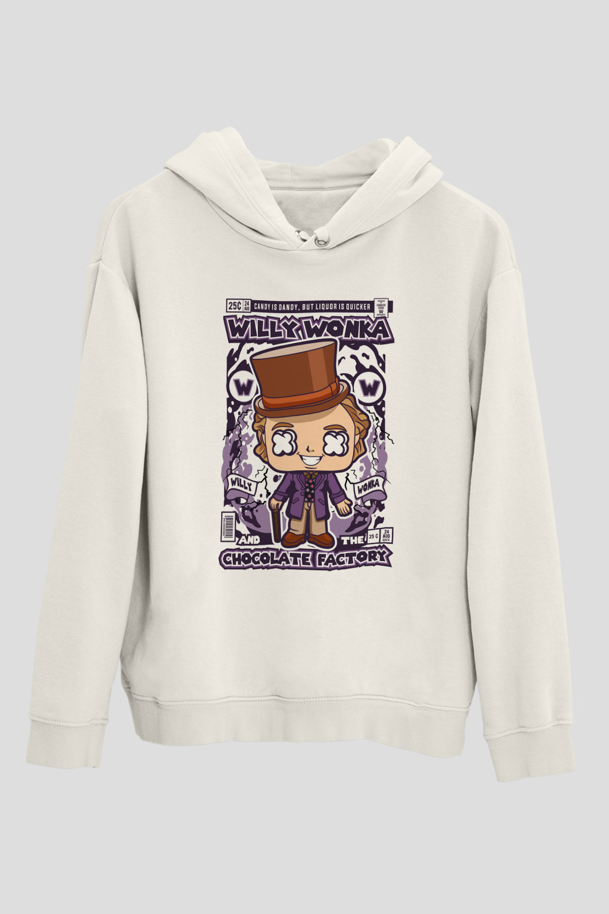 Willy Wonka Çikolata Fabrikası Baskılı Unisex Beyaz Hoodie