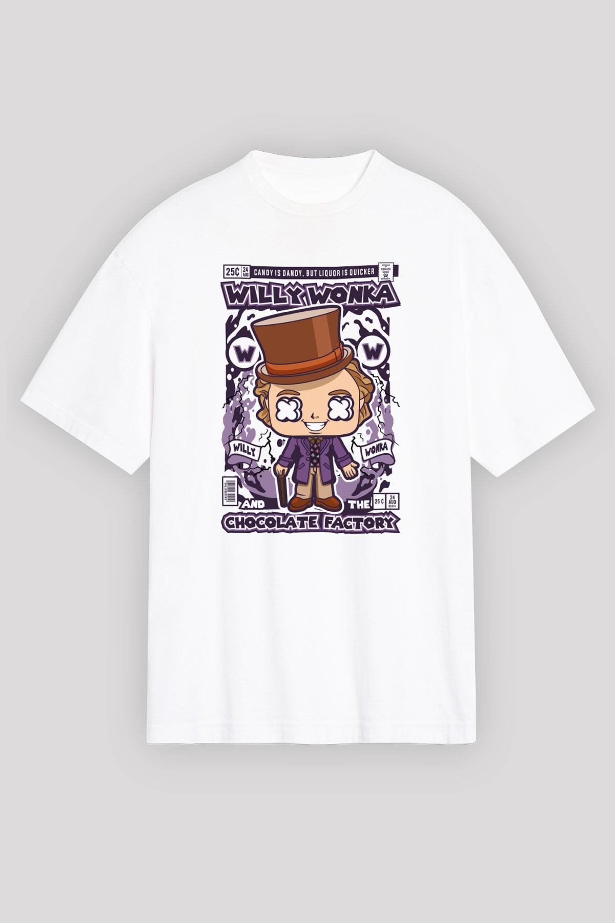 Willy Wonka Çikolata Fabrikası Baskılı Unisex Beyaz Oversize Tişört