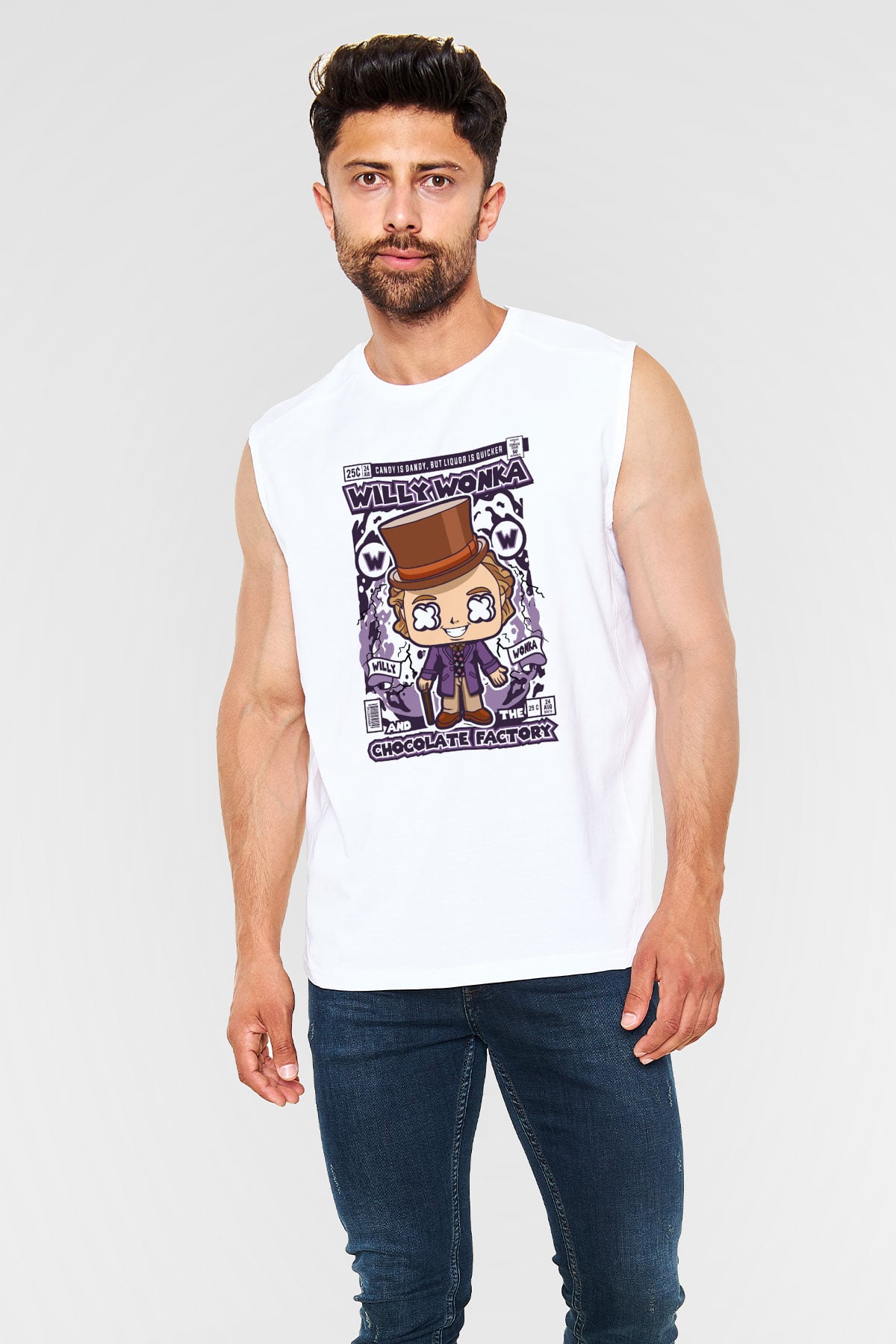 Willy Wonka Çikolata Fabrikası Baskılı Unisex Beyaz Kolsuz Tişört