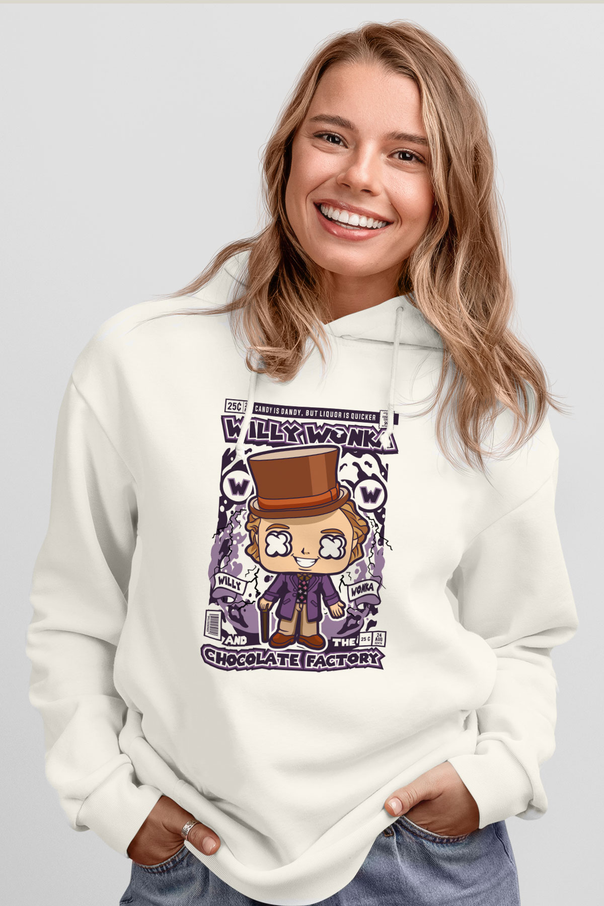 Willy Wonka Çikolata Fabrikası Baskılı Unisex Beyaz Hoodie