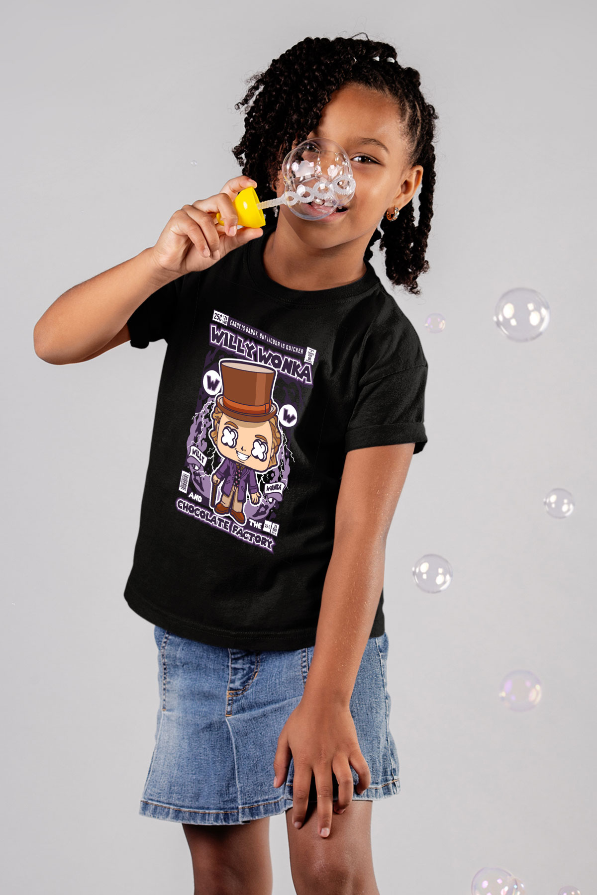 Willy Wonka Çikolata Fabrikası Baskılı Unisex Siyah Çocuk Tişört