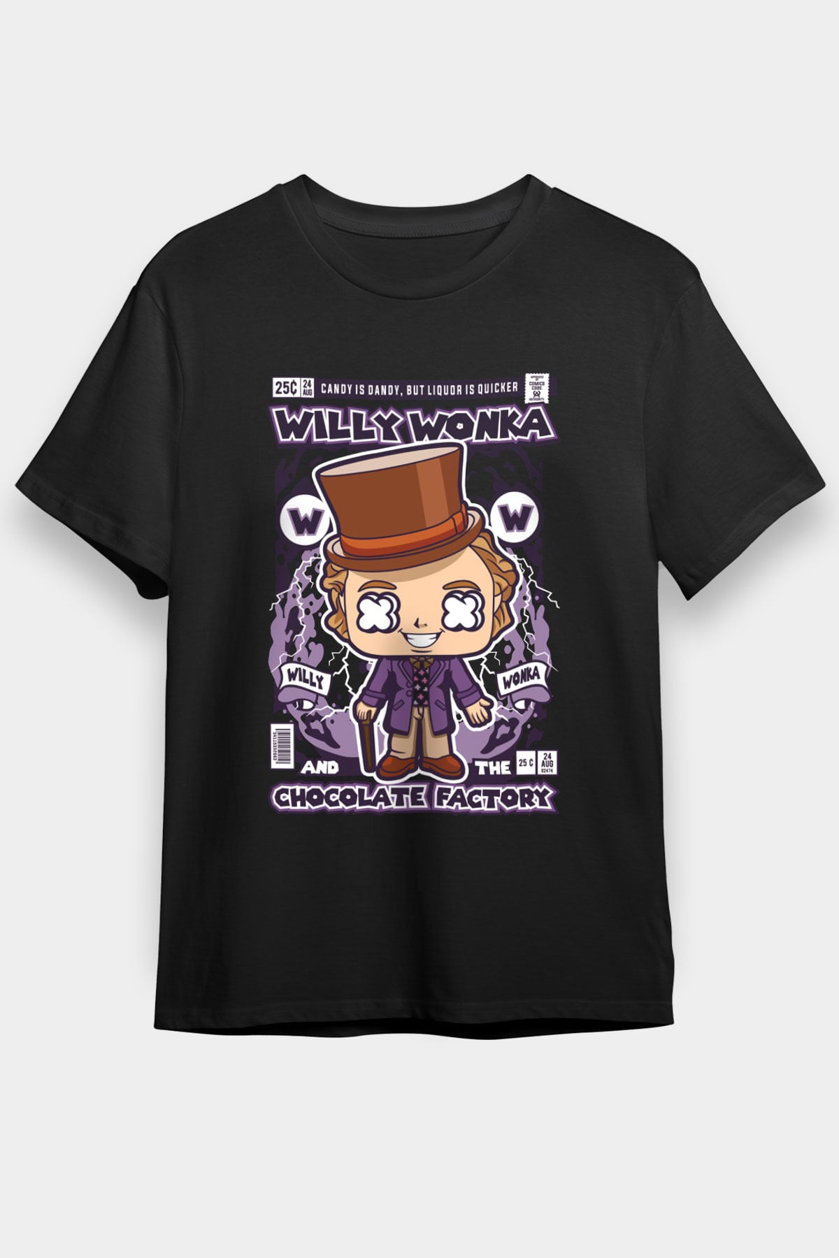 Willy Wonka Çikolata Fabrikası Baskılı Unisex Siyah Tişört