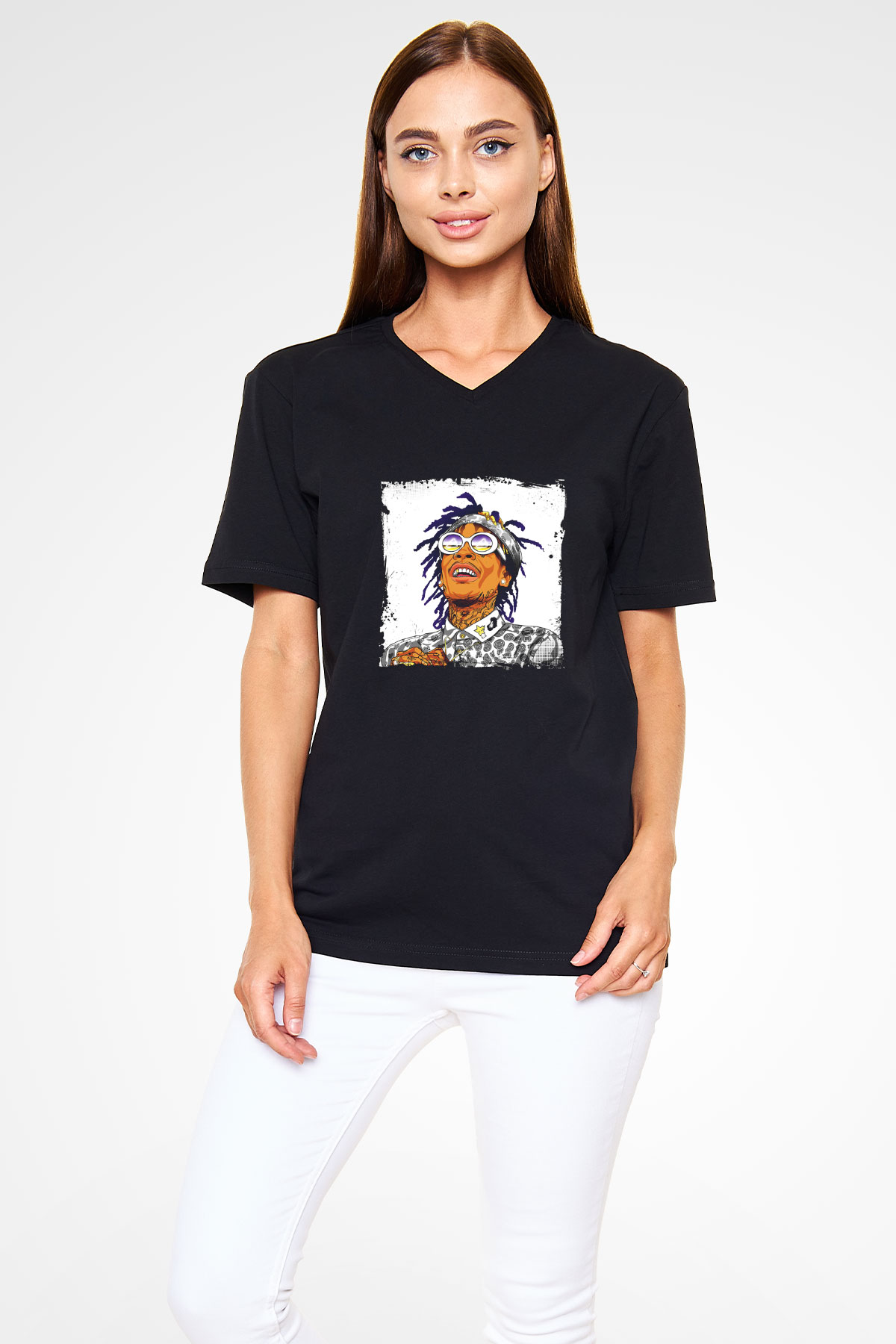 Wiz Khalifa Baskılı Unisex Siyah V Yaka Tişört