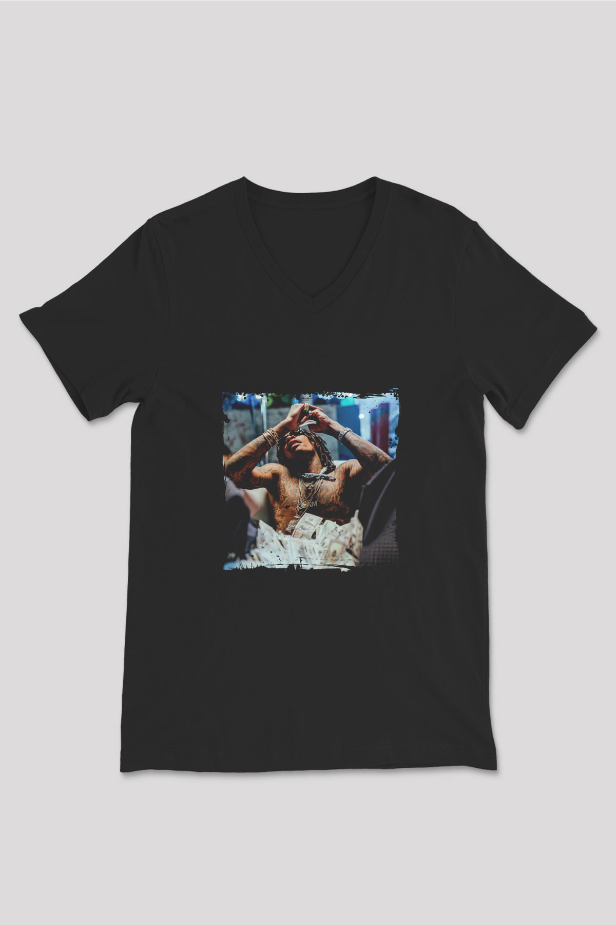 Wiz Khalifa Baskılı Unisex Siyah V Yaka Tişört