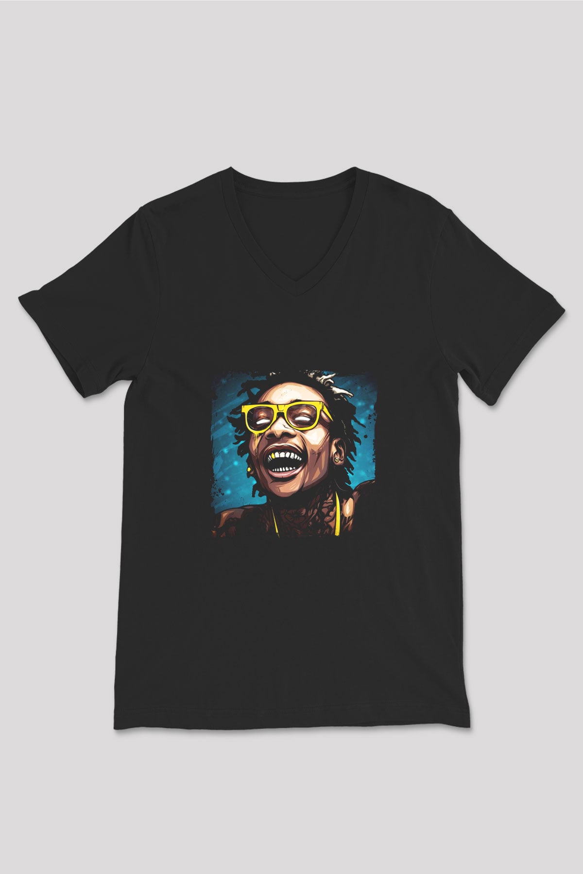 Wiz Khalifa Baskılı Unisex Siyah V Yaka Tişört