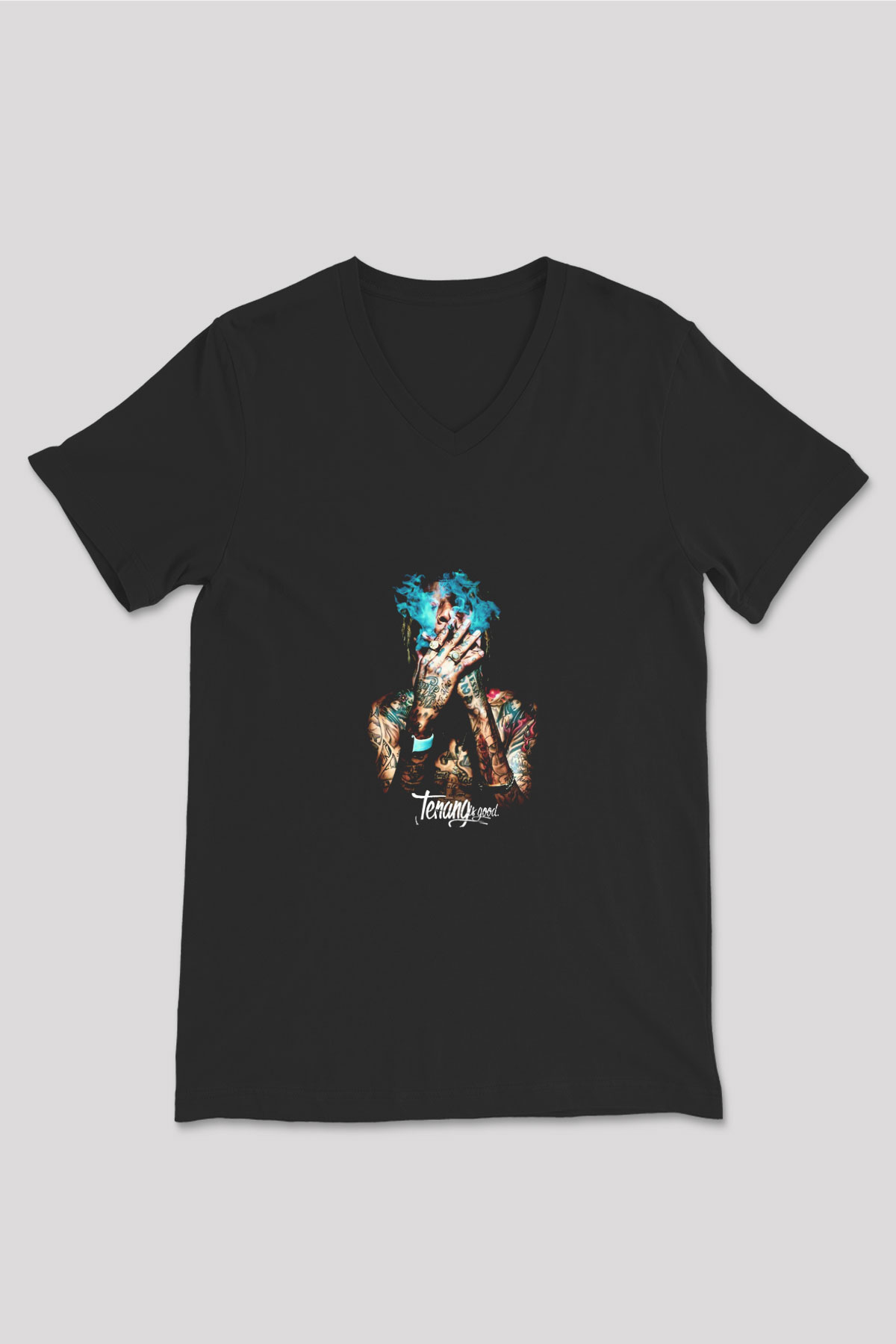Wiz Khalifa Baskılı Unisex Siyah V Yaka Tişört