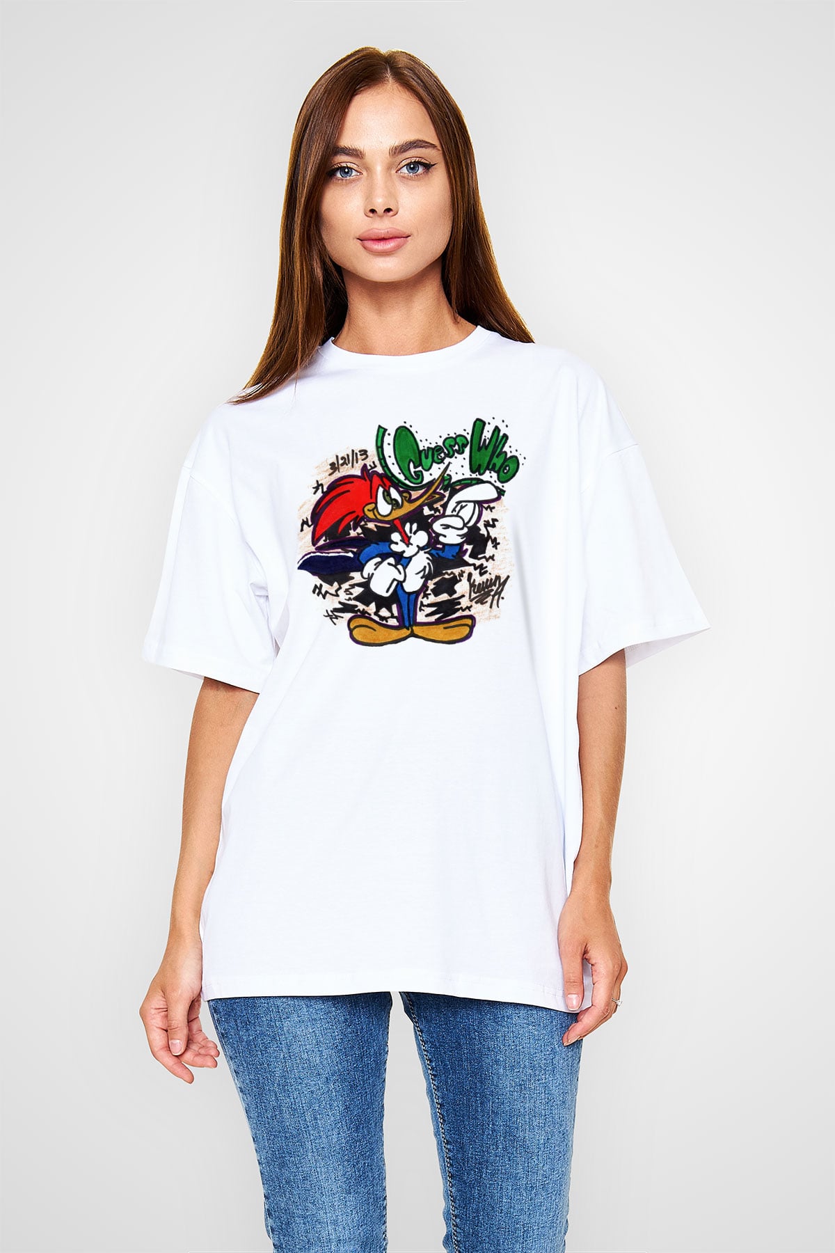 Woody Woodpecker Beyaz Unisex Oversize Tişört