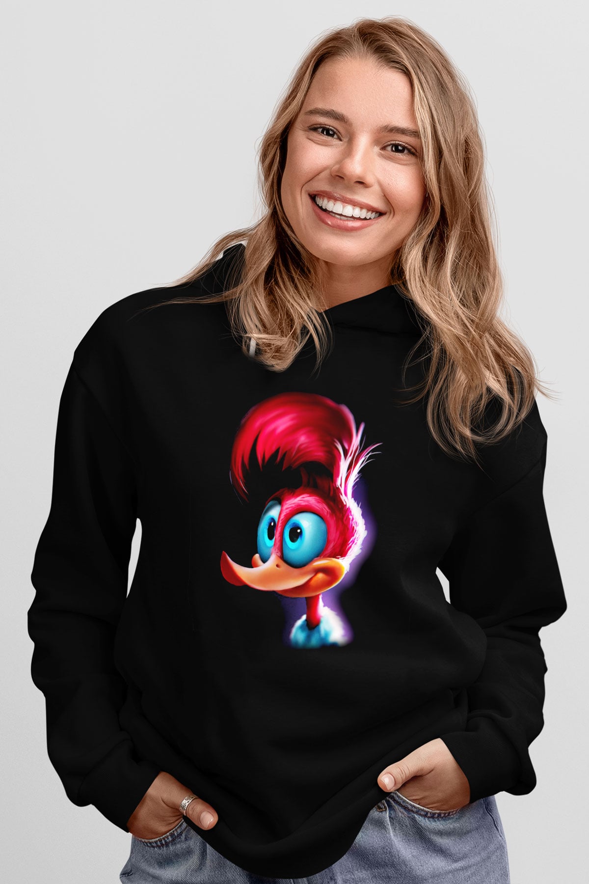 Woody Woodpecker Siyah Unisex Kapüşonlu Sweatshirt