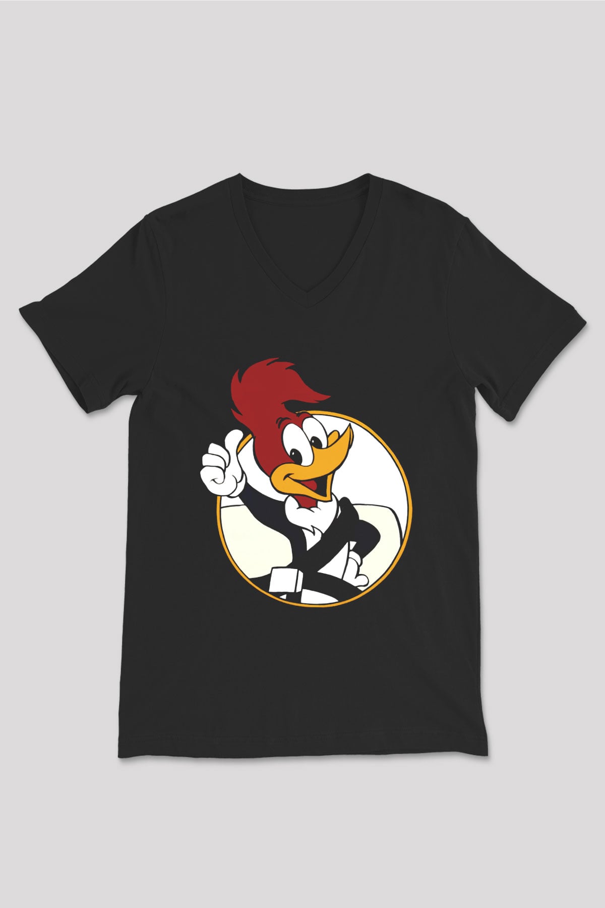Woody Woodpecker Siyah Unisex V Yaka Tişört