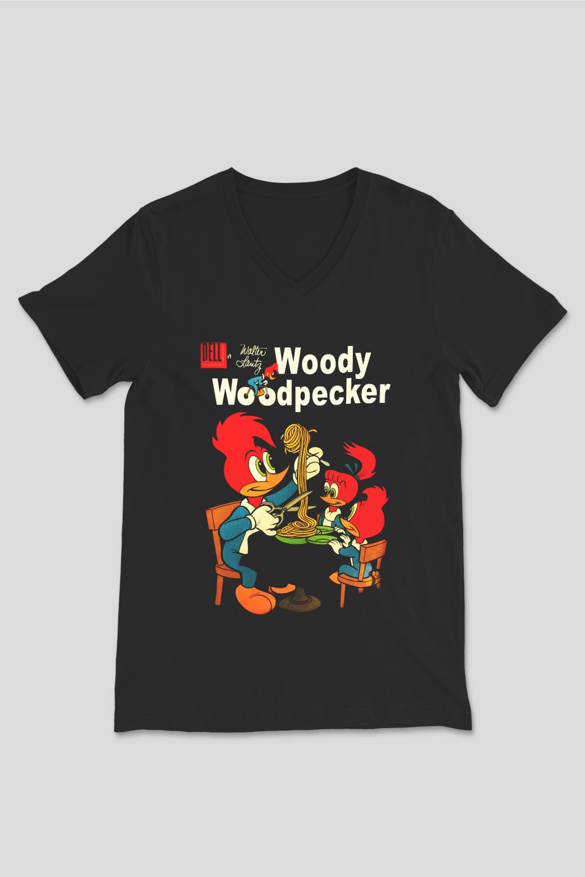 Woody Woodpecker Siyah Unisex V Yaka Tişört