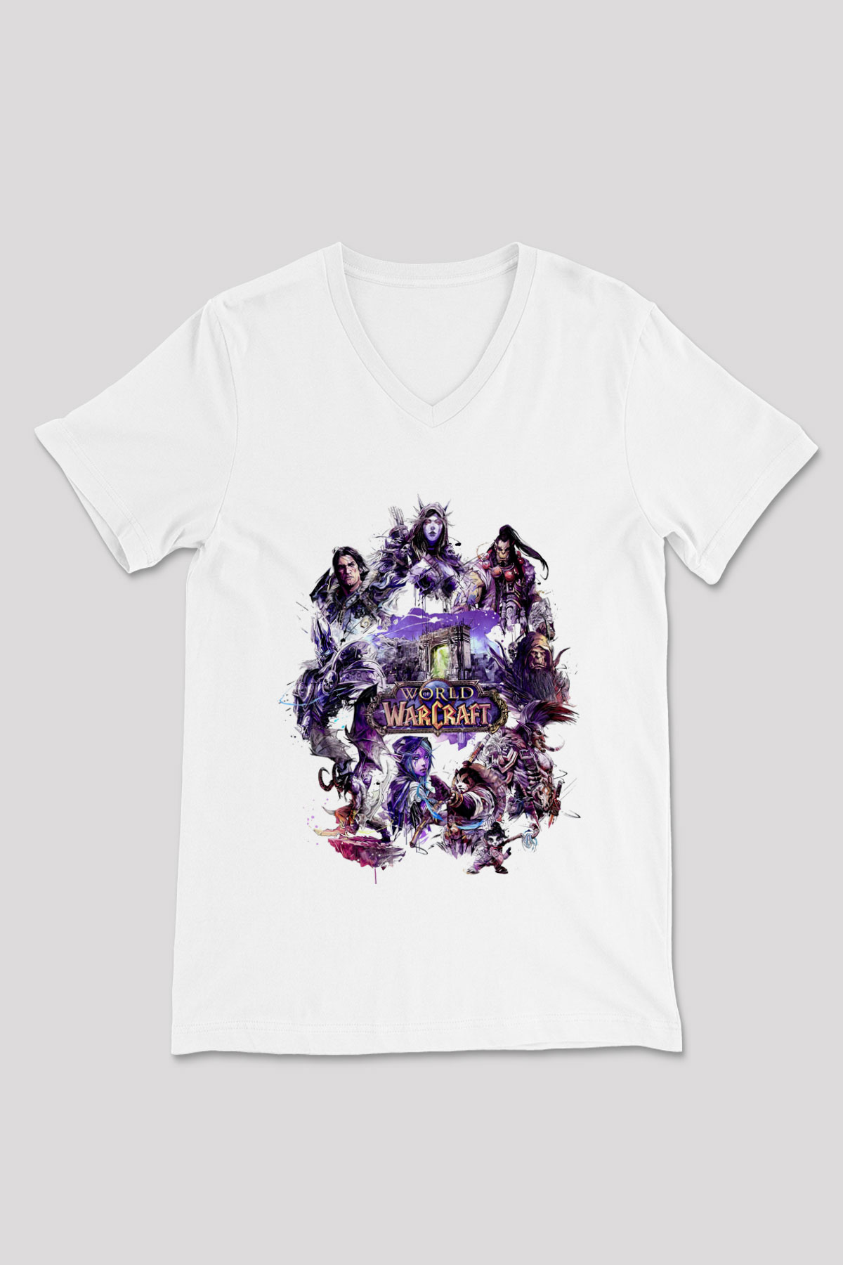 World of Warcraft Beyaz Unisex V Yaka Tişört