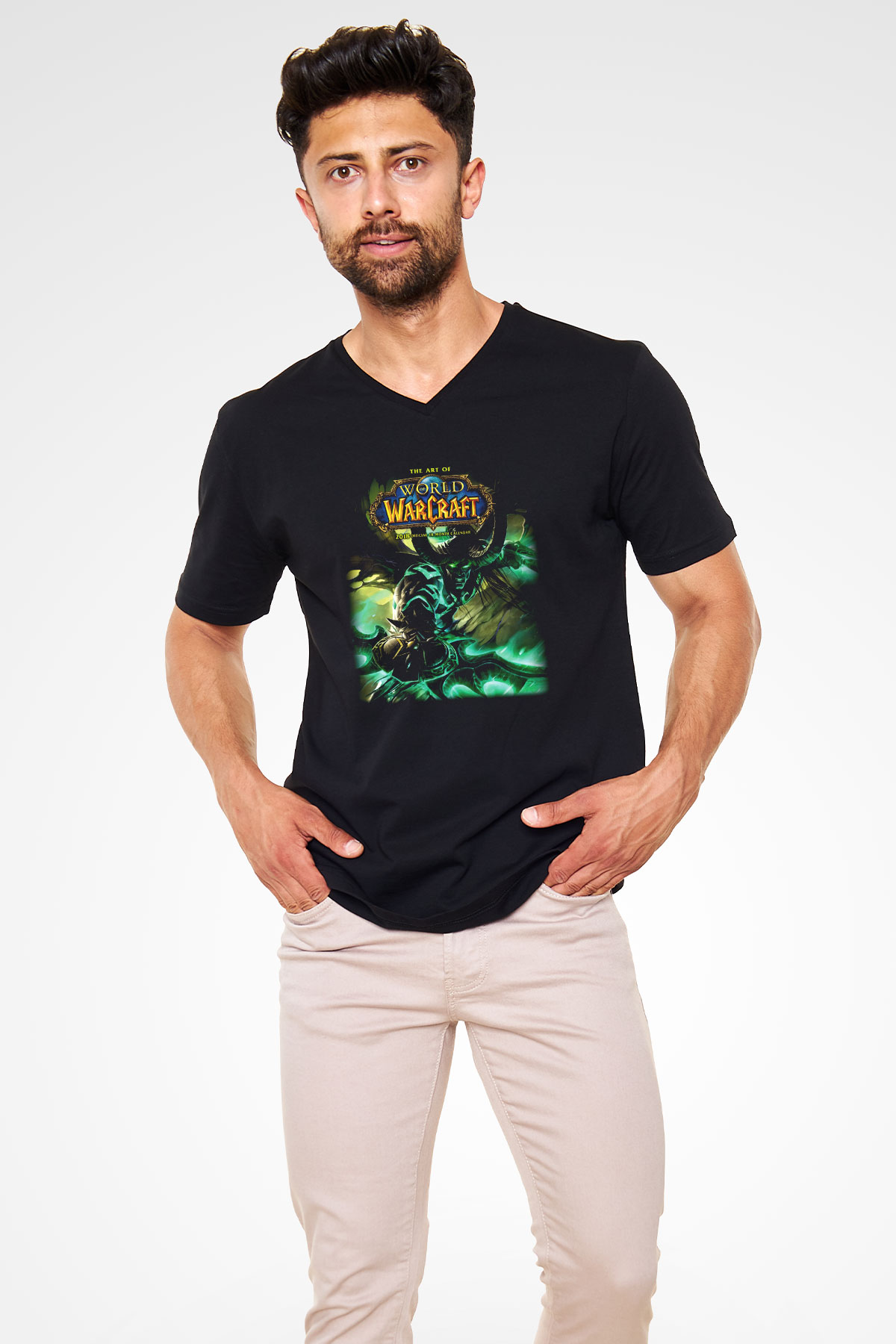 World of Warcraft Siyah Unisex V Yaka Tişört T-Shirt