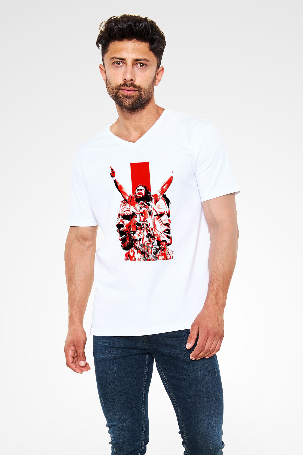 WrestleMania Beyaz Unisex  V Yaka Tişört