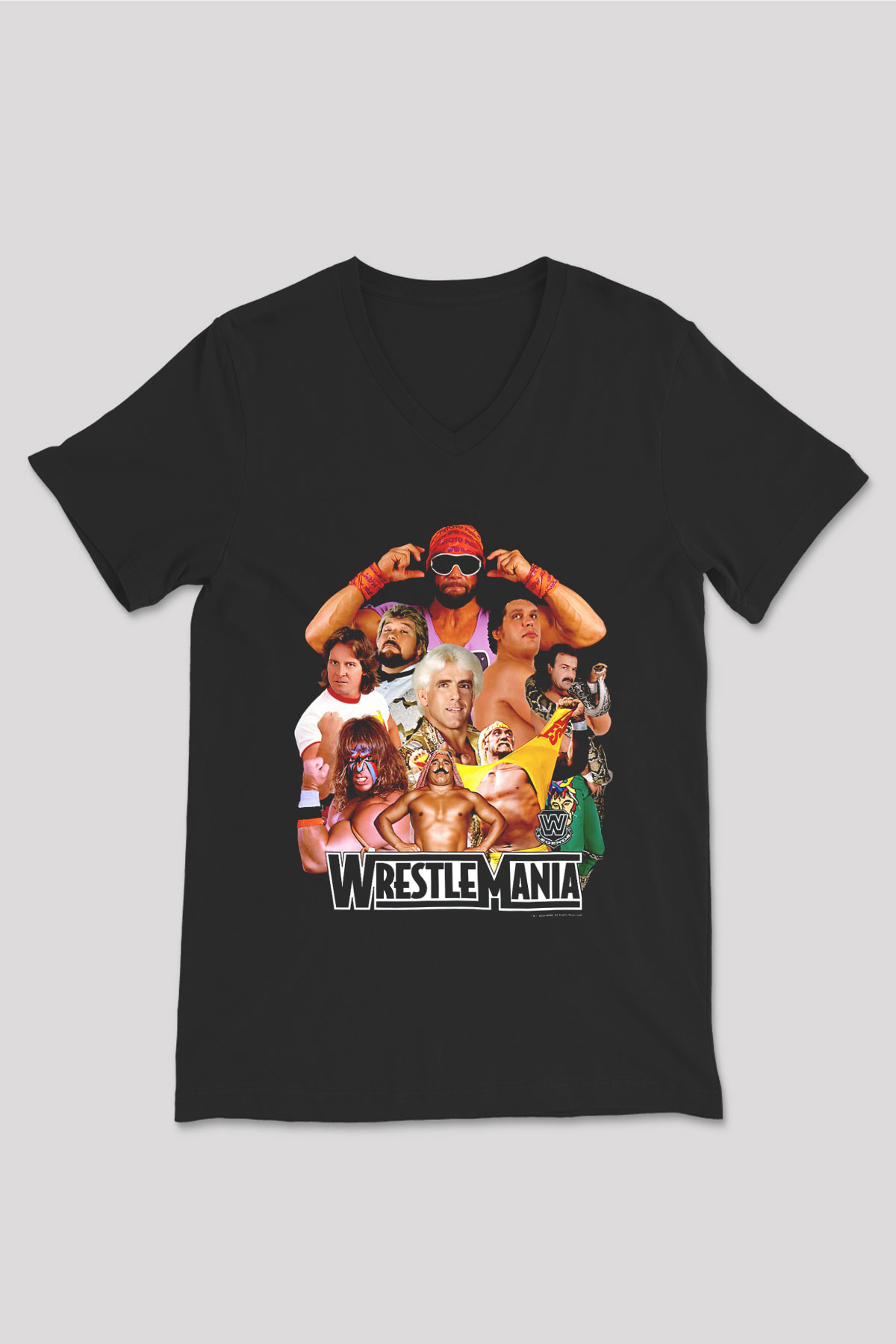 WrestleMania Siyah Unisex  V Yaka Tişört