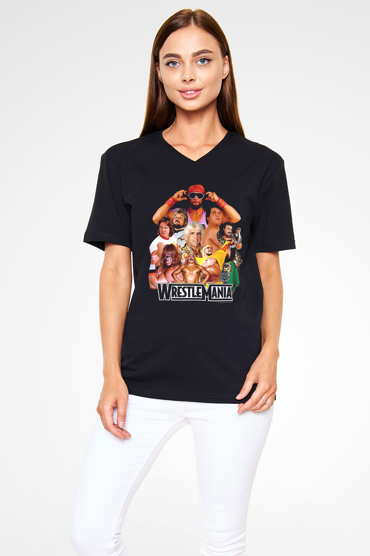 WrestleMania Siyah Unisex  V Yaka Tişört