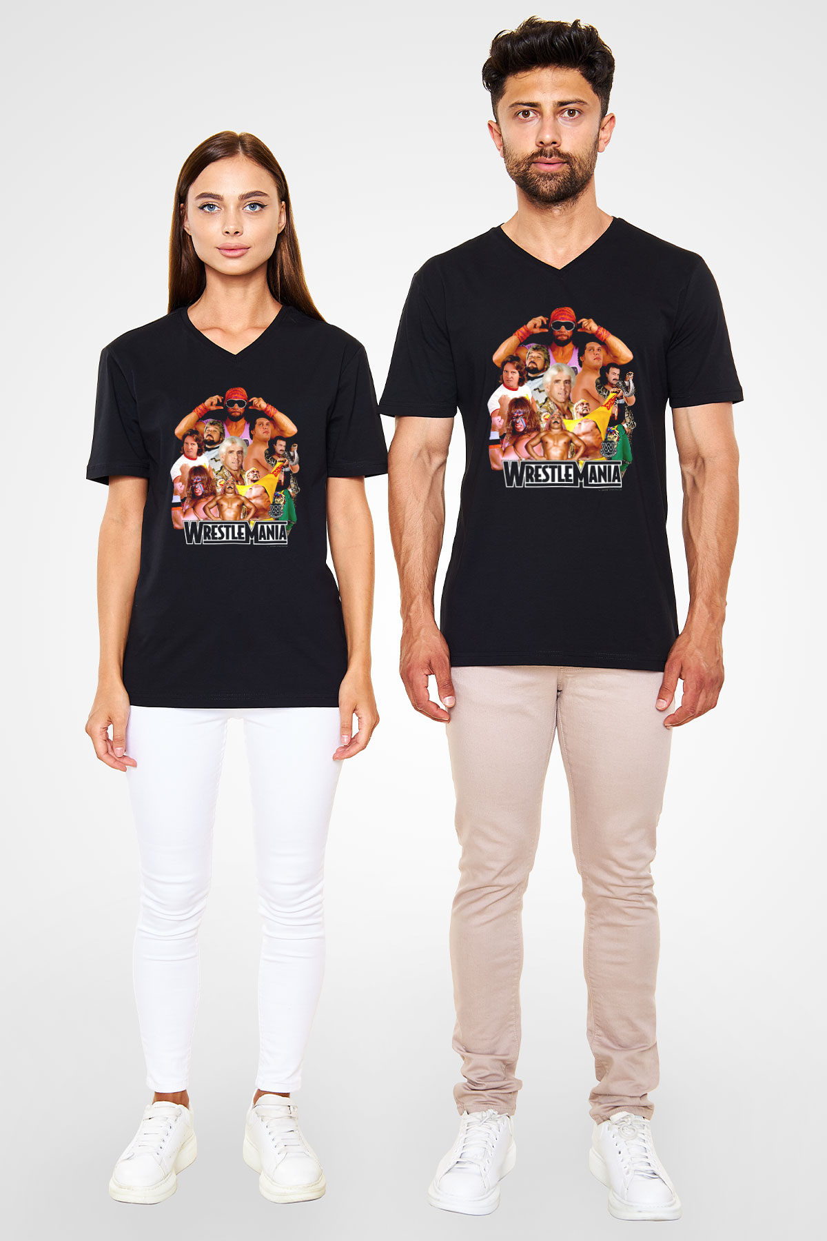 WrestleMania Siyah Unisex  V Yaka Tişört