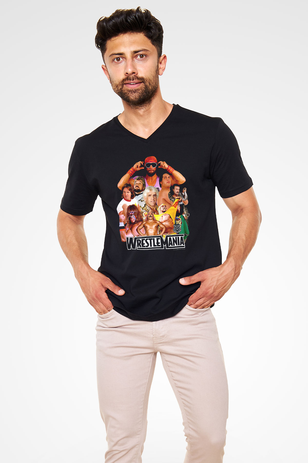 WrestleMania Siyah Unisex  V Yaka Tişört