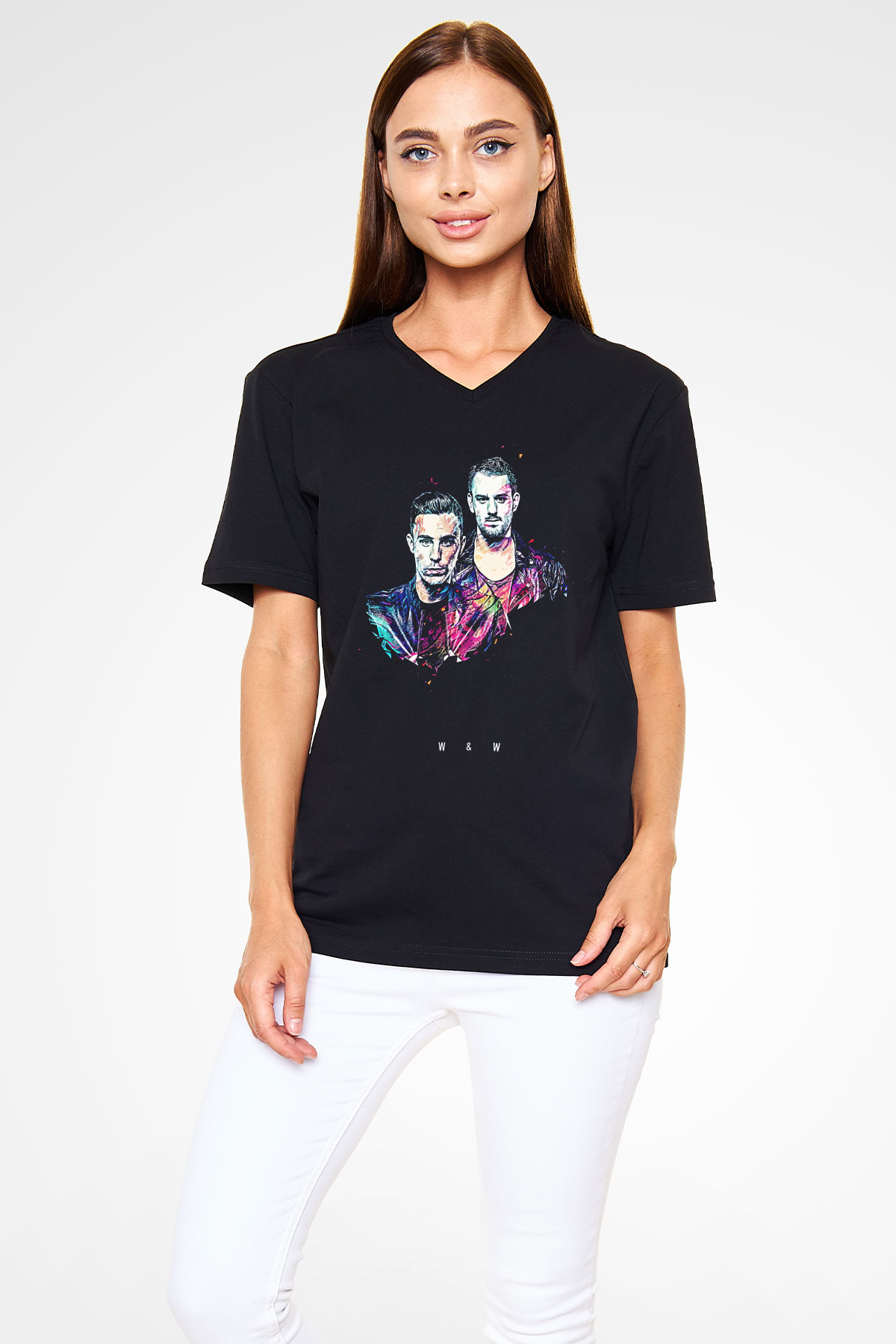 W&W Siyah Unisex V Yaka Tişört