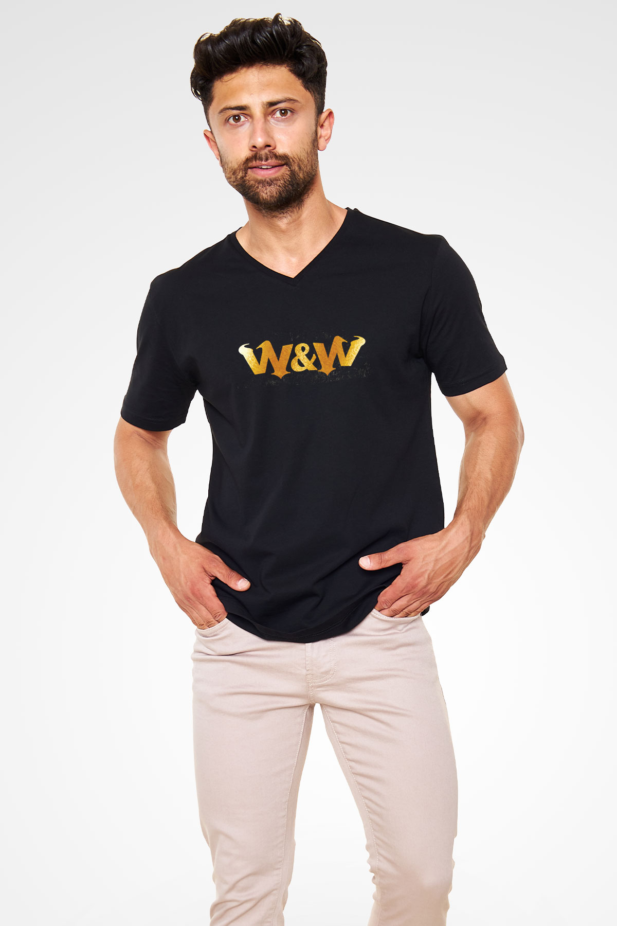 W&W Siyah Unisex V Yaka Tişört