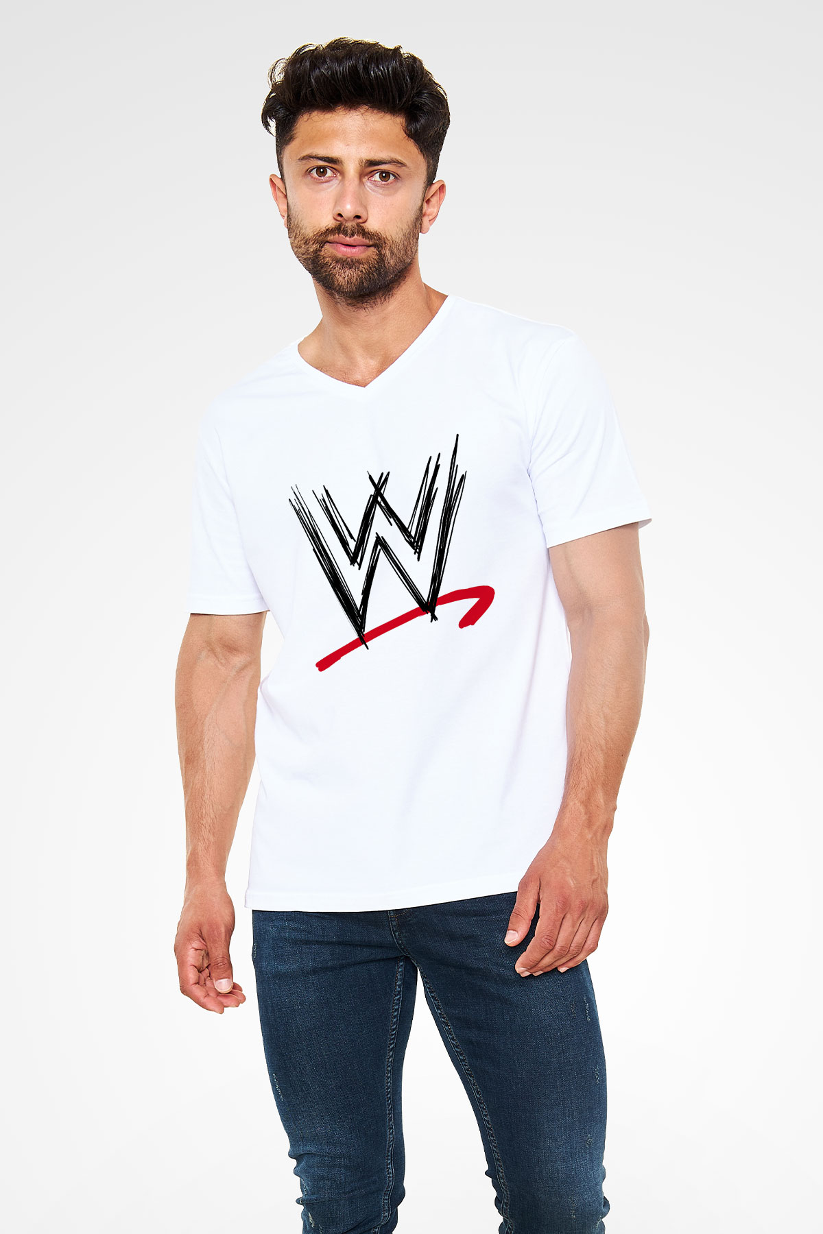 WWE Beyaz Unisex V Yaka Tişört
