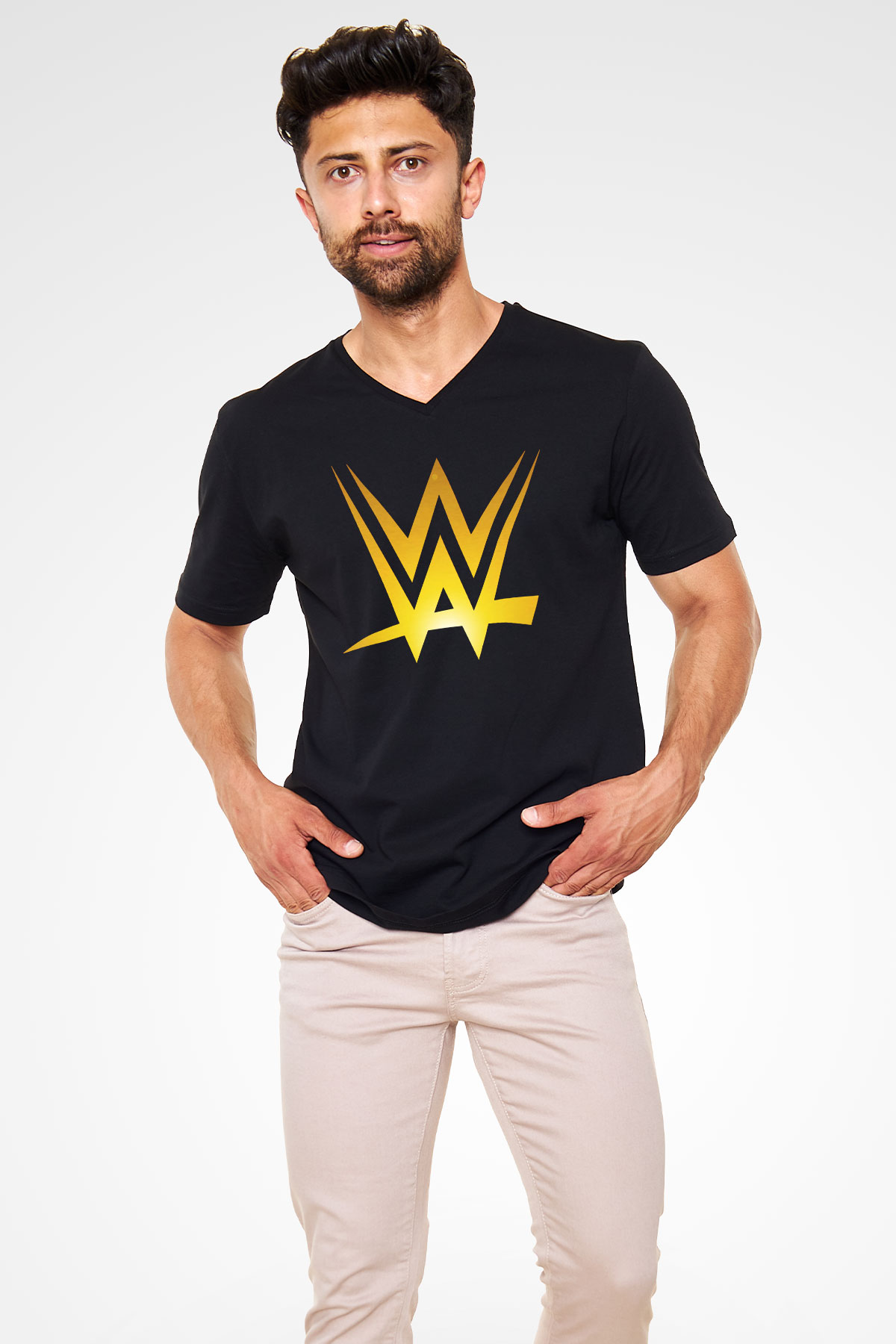 WWE Siyah Unisex V Yaka Tişört