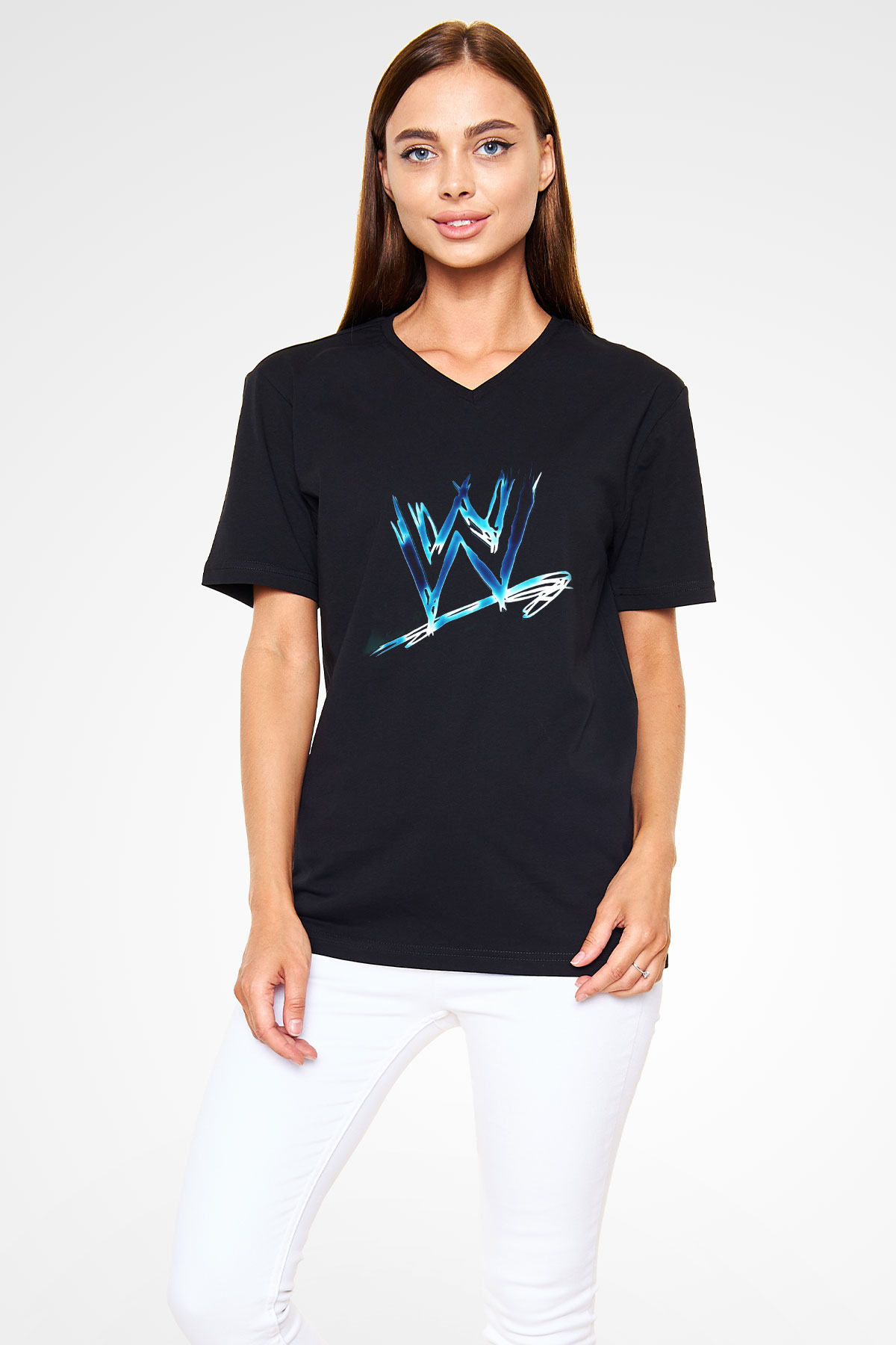 WWE Siyah Unisex V Yaka Tişört